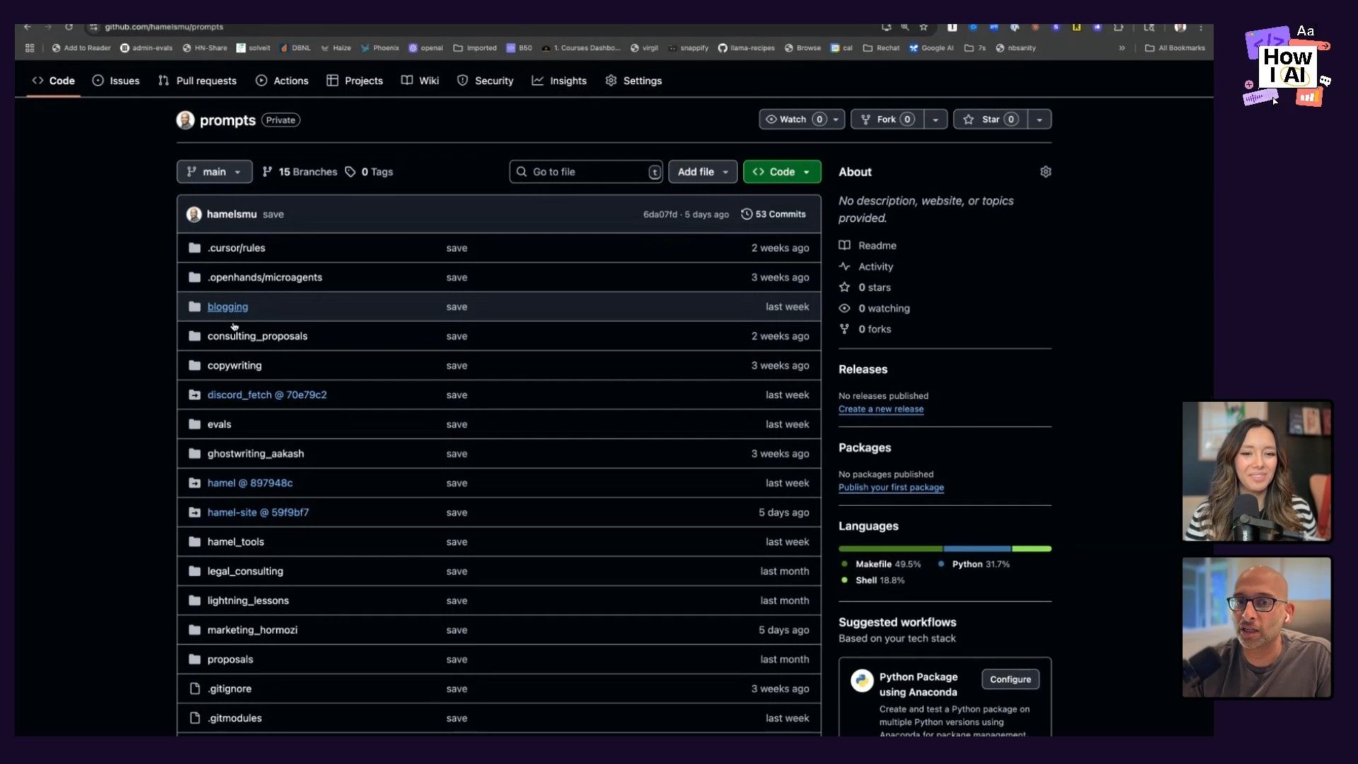 A detailed view of the GitHub repository `hamelsmu/prompts`, showcasing its monorepo structure with various projects like `.openhands/microagents`, `evals`, and `hamel_tools`. The repository primarily uses Makefile, Python, and Shell, and includes a `CLAUDE.md` file, indicating its use for AI prompts or related content. GitHub's suggested workflows for Python package management with Anaconda are also visible, offering insights into the project's technical stack.