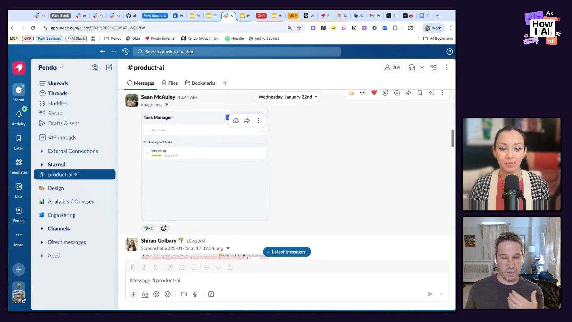 A detailed view of a 'Task Manager' application interface embedded within a Slack channel named '#product-ai', demonstrating the visual output of an AI-generated app, with podcast hosts visible on the side. The screenshot captures various Slack UI elements and browser tabs.