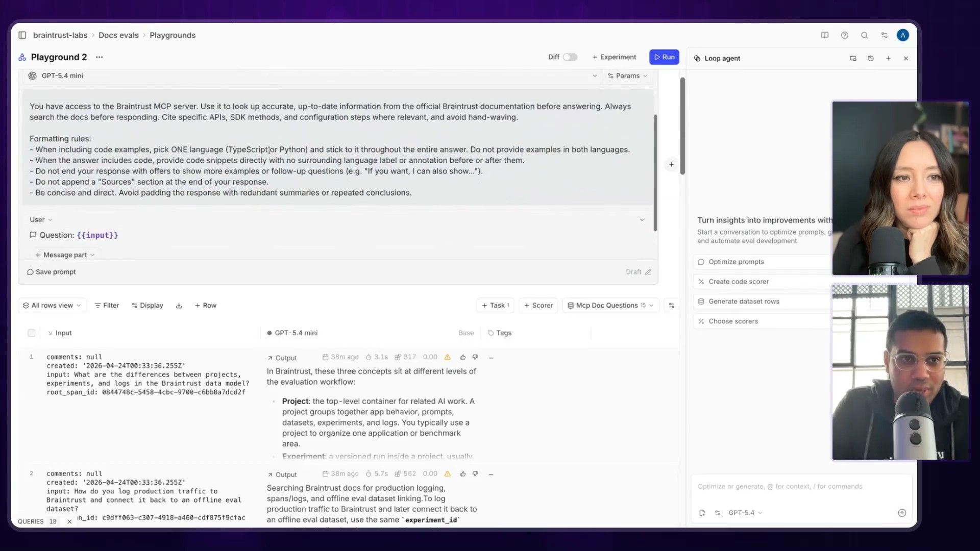 Braintrust UI with a dataset of questions for a docs Q&A agent