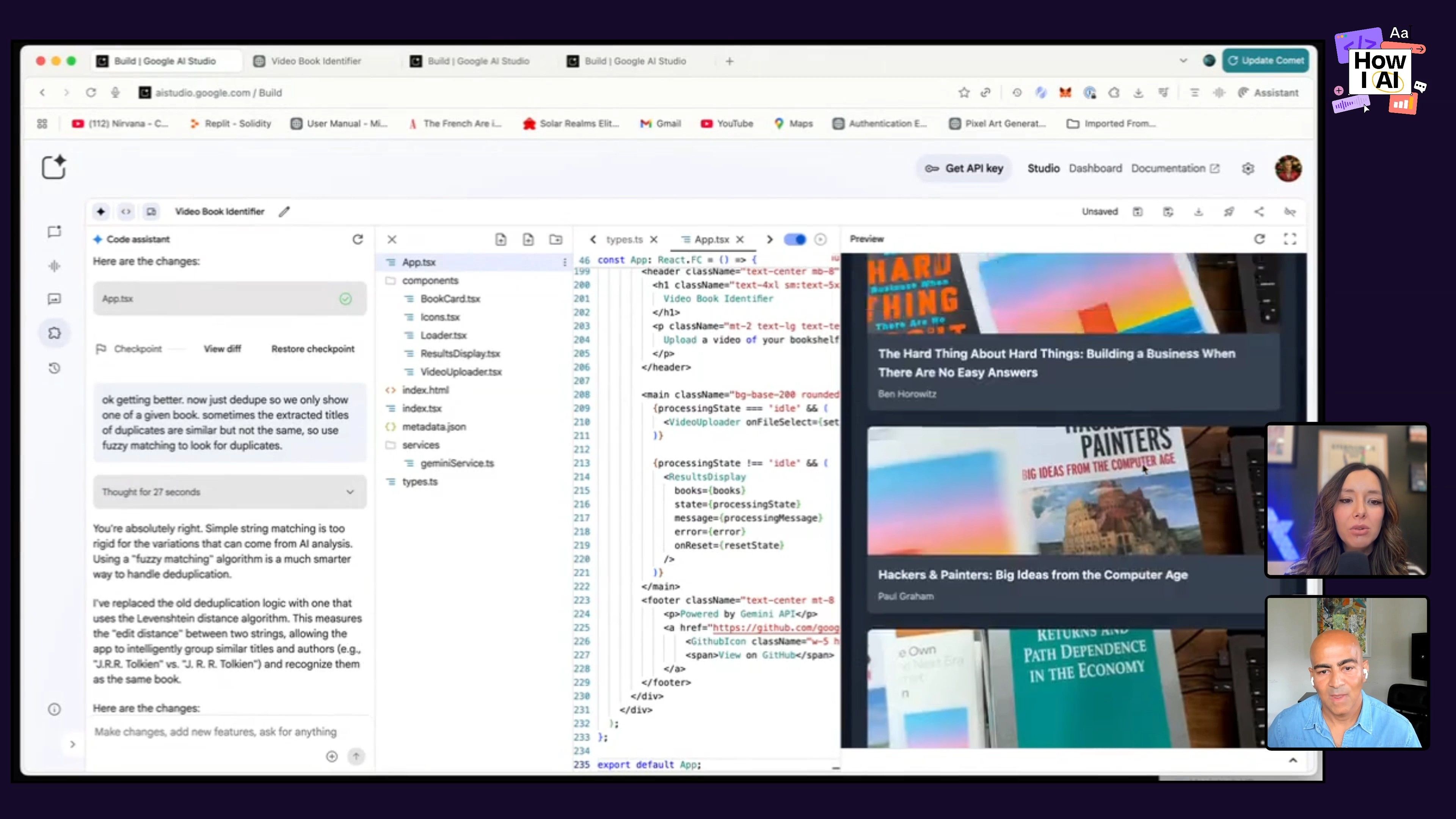 Building a Video Book Identifier with Google AI Studio: A live coding demo showing React code and Gemini API integration for fuzzy matching of book titles.