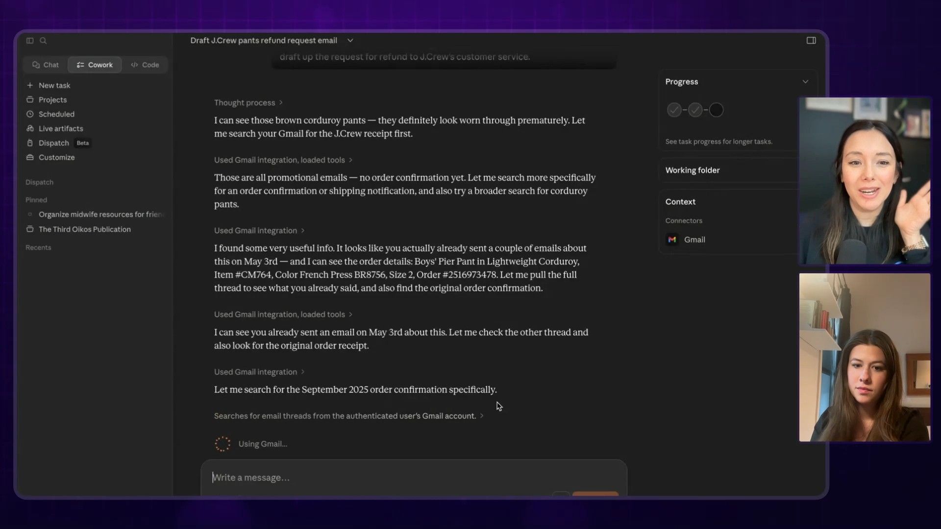 An AI assistant demonstrates its capabilities by searching Gmail for J.Crew order details and refund information, displaying its 'Thought process' and integrated tools.