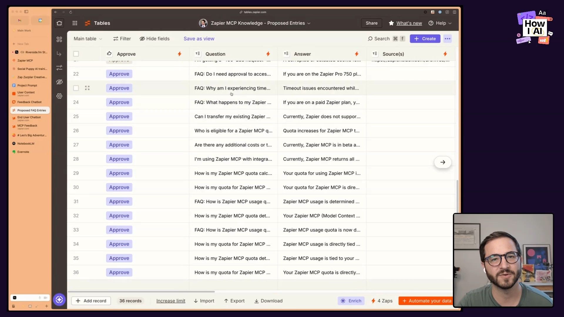 The Zapier Tables interface displays 'Proposed FAQ Entries,' offering a human-in-the-loop review process where users can approve or edit AI-generated questions and answers before they are integrated into a knowledge base.