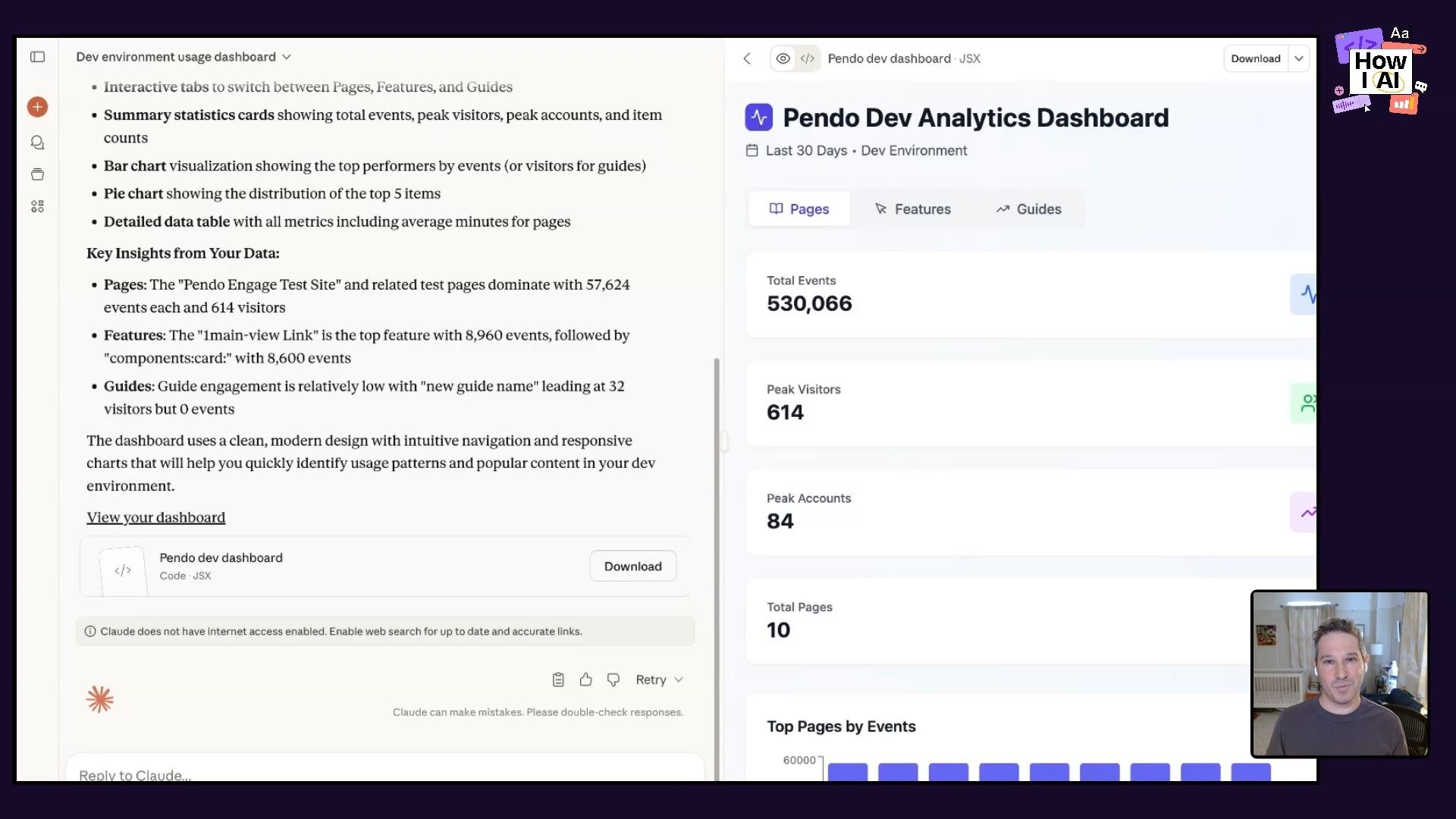 A dual-panel view showing Claude's AI-generated insights for a 'Dev environment usage dashboard' on the left, alongside the actual 'Pendo Dev Analytics Dashboard' UI displaying key metrics and a bar chart on the right, demonstrating AI-assisted data analysis.