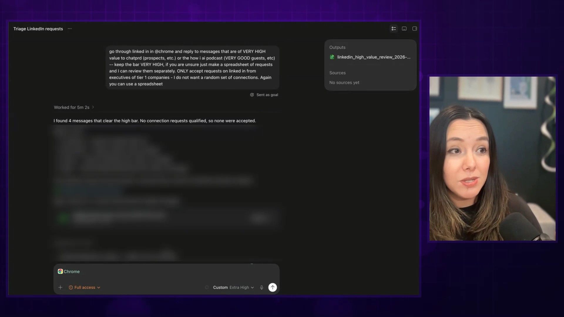 The Codex interface showing the @Chrome prompt for LinkedIn automation