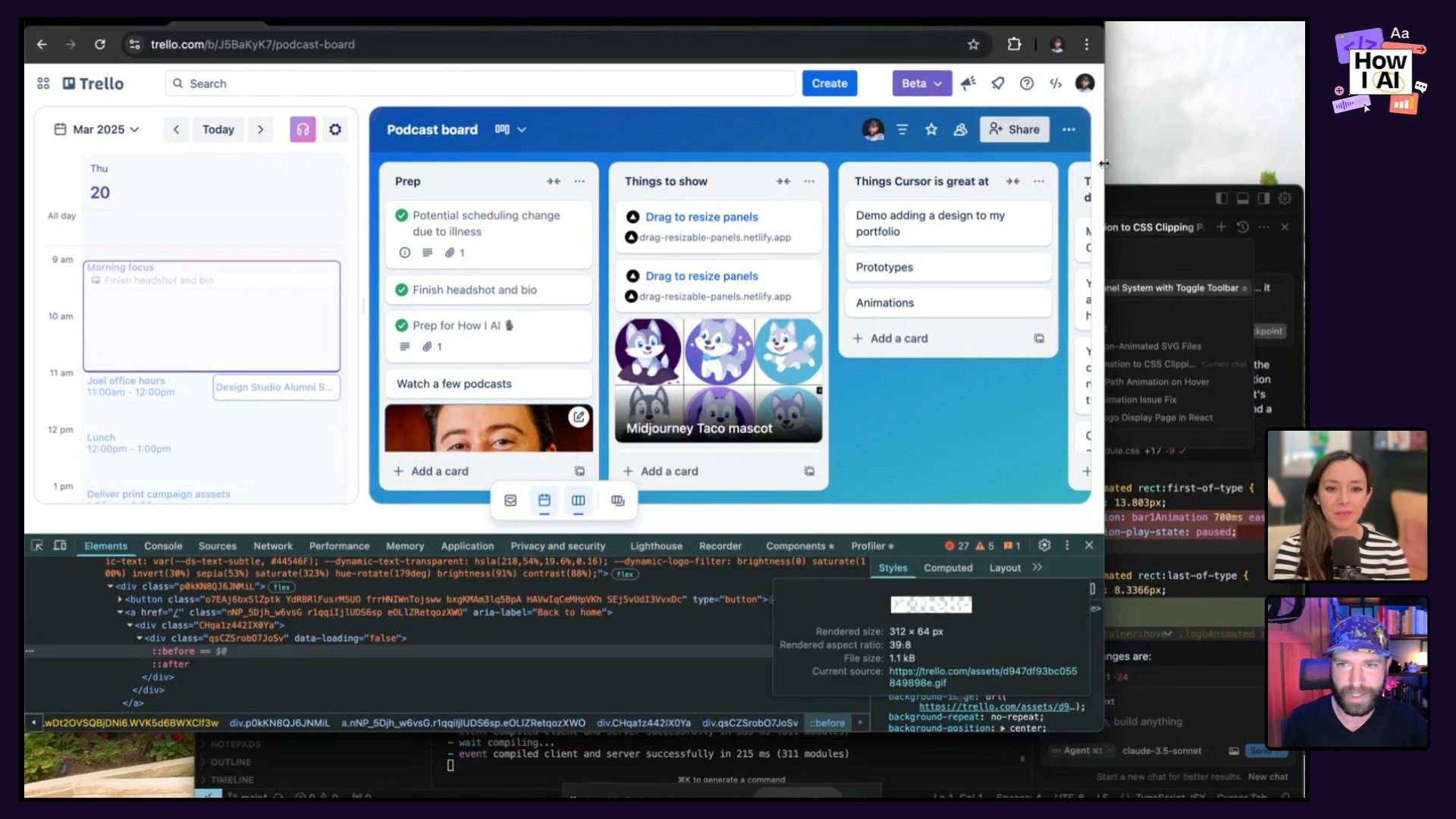 A detailed Trello board outlines podcast tasks and schedules, while a code editor on the side displays CSS for animation. Below, terminal output and AI chat prompts are visible, with the podcast hosts in video overlays.