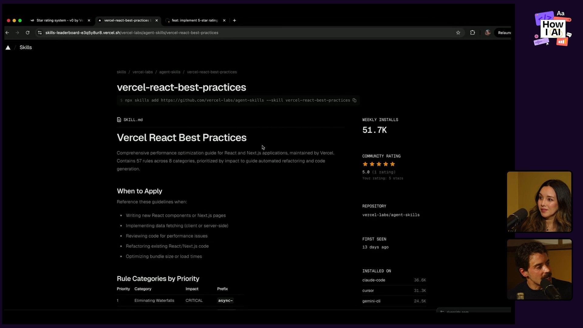 A live preview of the skills.sh web application demonstrating 'Vercel React Best Practices,' featuring a 5-star community rating system, weekly install metrics, and a command to add the skill, displayed during a podcast.