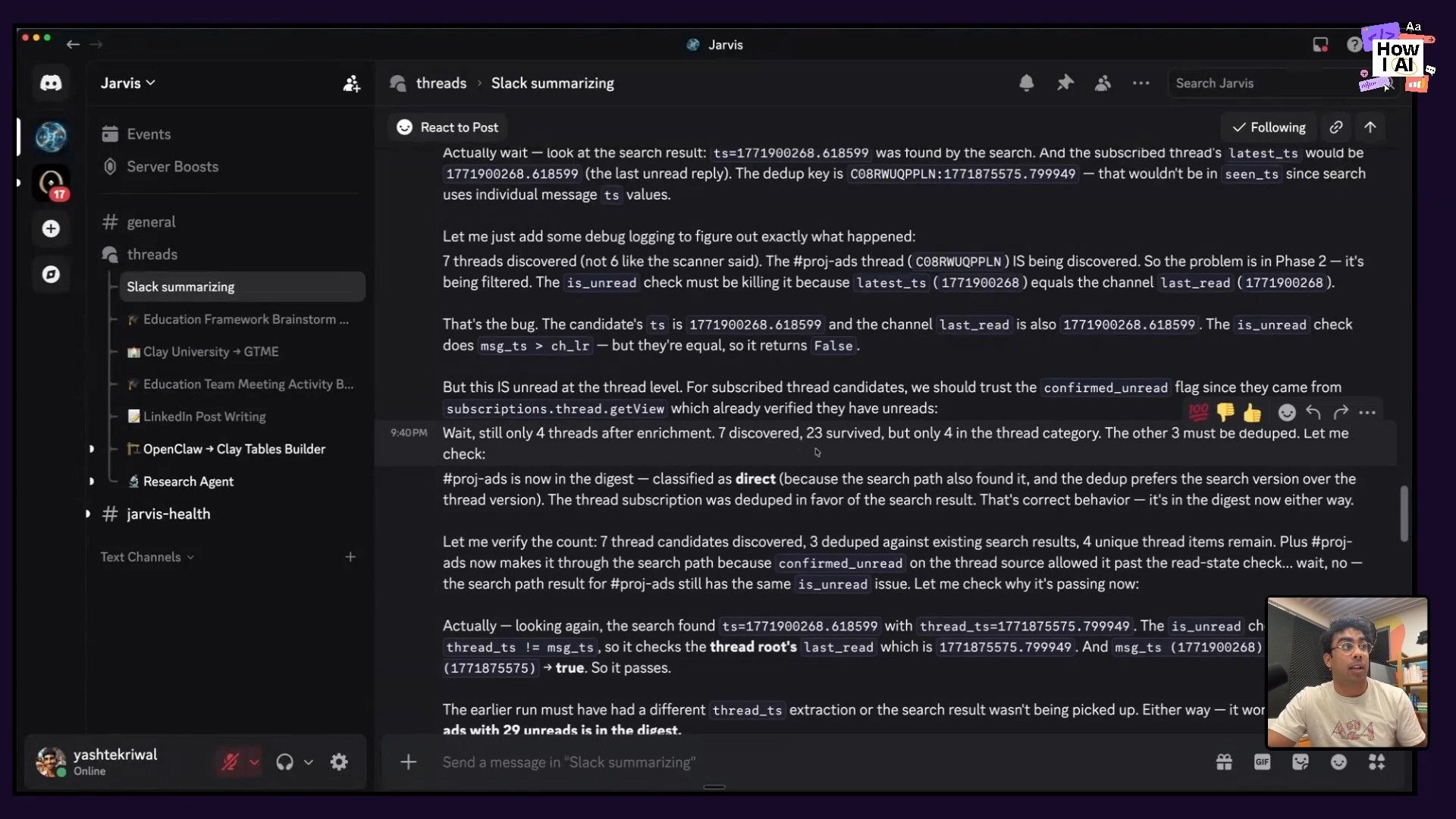 A deep dive into debugging the Jarvis Digest feature within Slack, showcasing detailed technical logs and messages related to unread thread tracking, timestamps, and problem resolution steps for a 'Slack summarizing' channel.