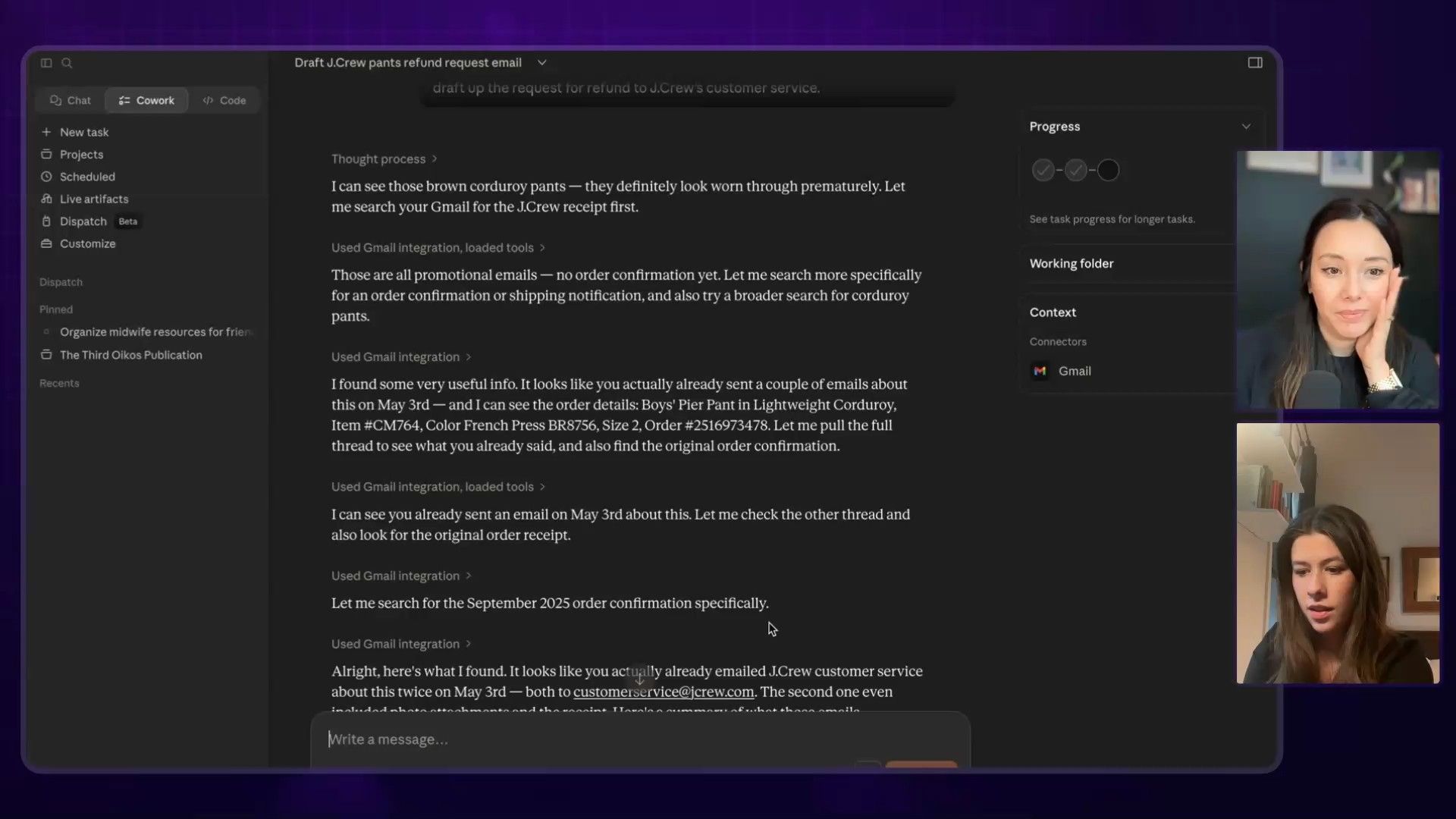 An AI co-pilot demonstrates its 'thought process' and Gmail integration to research past interactions and draft a customer service email for a J.Crew refund request. The interface shows the AI's step-by-step reasoning, including identifying order details and previous email correspondence.