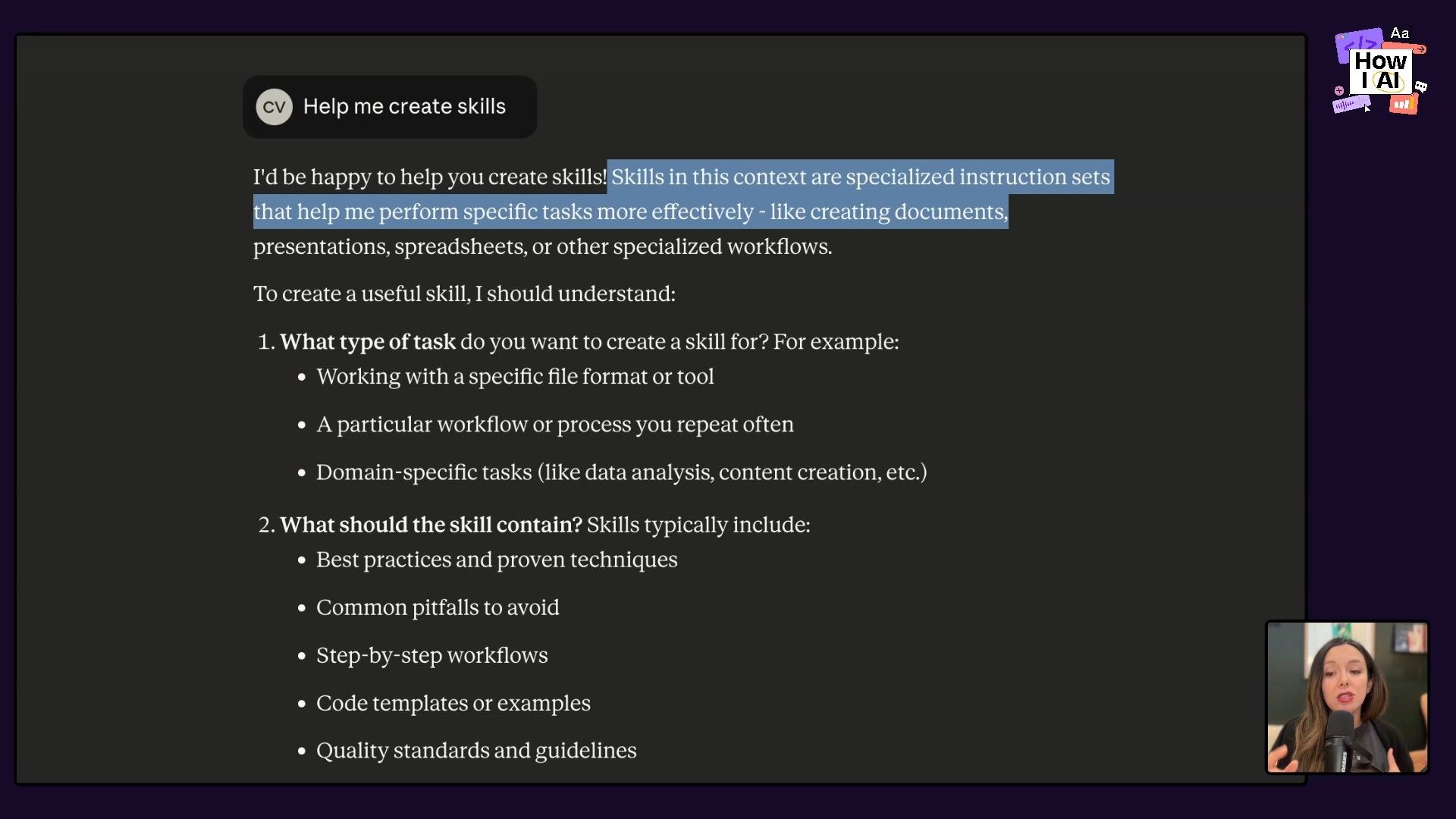 A screenshot of the Claude.ai web interface showing the user's prompt 'Help me create skills' and Claude's detailed response explaining the definition of skills and the essential information required to create them.