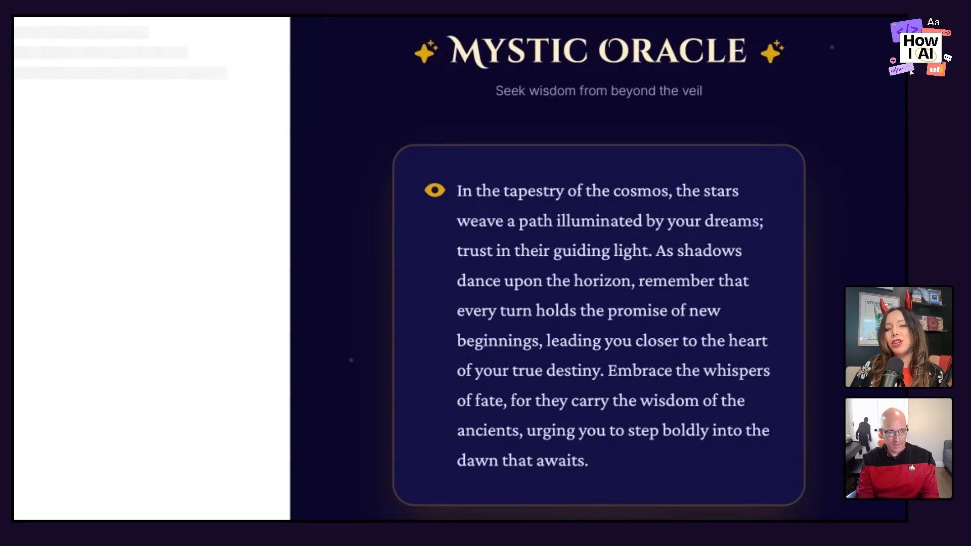 The Copilot interface in an active state, displaying its working status and editor escape commands within the context of a podcast video.