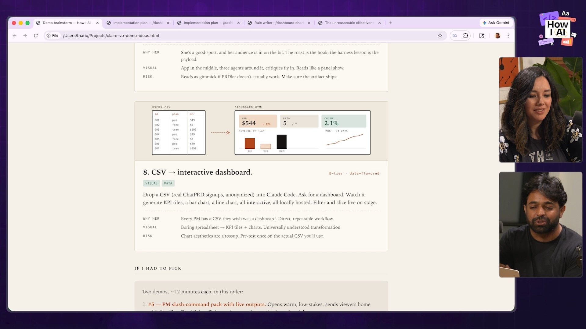 The detailed HTML implementation plan, showing sections for the podcast script, file structure, and mockups
