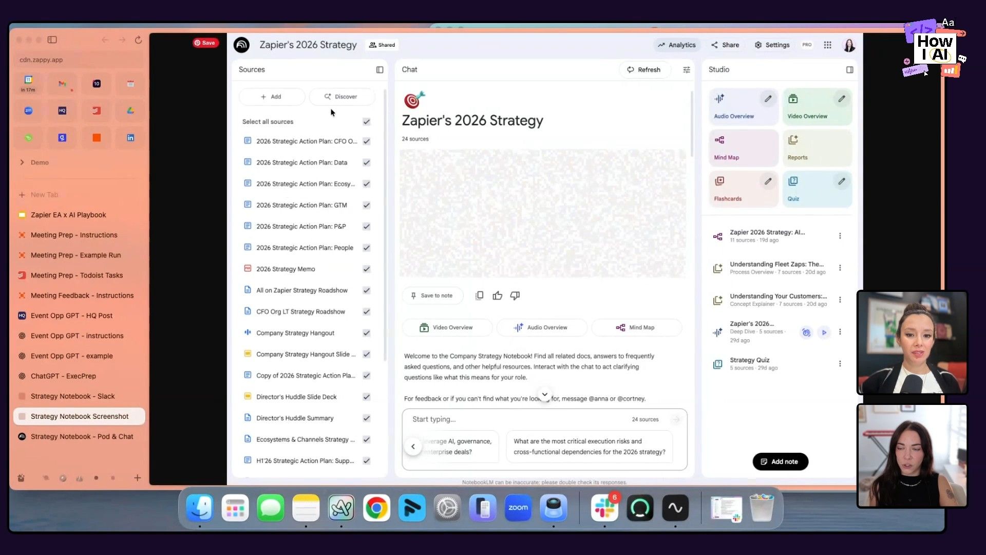 A detailed view of the Google NotebookLM interface, showcasing a chat conversation about Zapier's 2026 strategy. The screenshot displays a user's prompt to the AI, 'As an executive assistant, how can I contribute to Zapier's 2026 strategy?', and its generated response, alongside a list of source documents and a 'Studio' panel for content creation. Podcast hosts are visible in small video feeds in the bottom right.