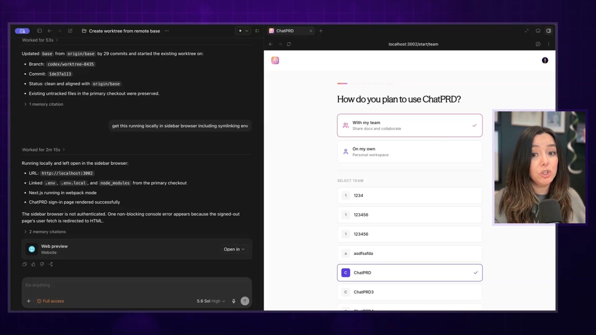 The Codex desktop app interface showing the ChatPRD onboarding flow in the side browser window