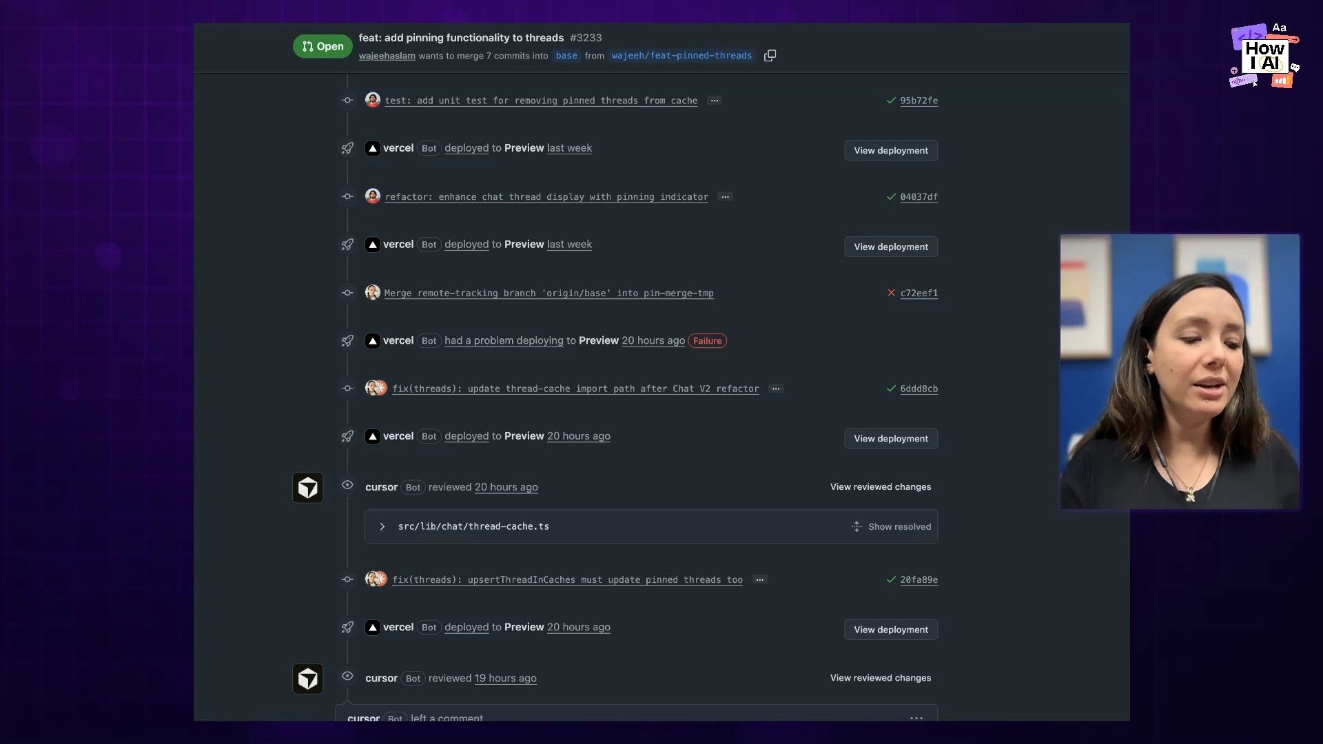 A detailed view of a GitHub pull request demonstrating development workflow, including commit history, Vercel deployment statuses, and a code review comment on 'thread-cache.ts', with a speaker from the podcast visible.