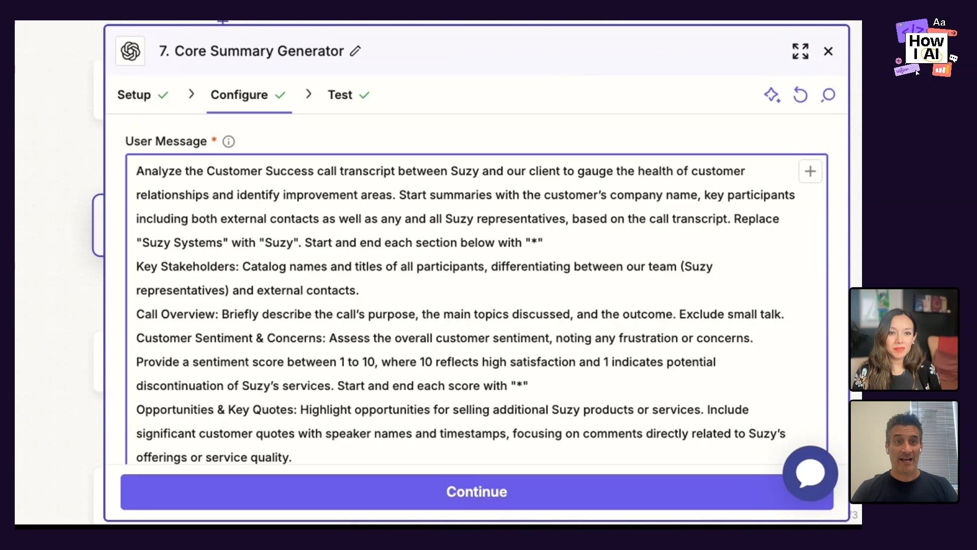 A detailed AI prompt for a 'Core Summary Generator' being configured in an automation interface, likely Zapier, demonstrating how to structure instructions for summarizing customer success call transcripts.