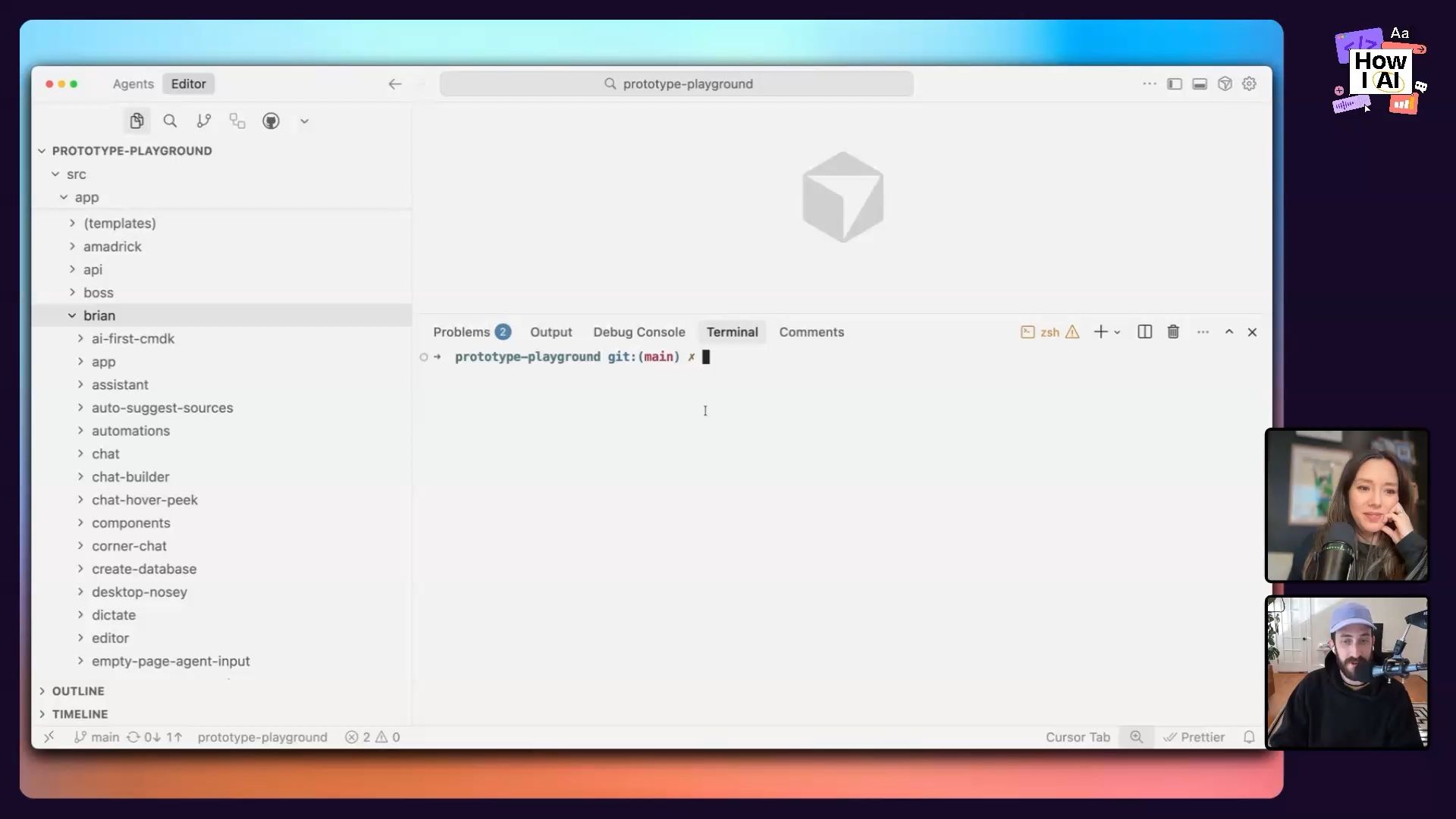 Brian's three-pane workspace with Claude Code, Cursor, and the browser output