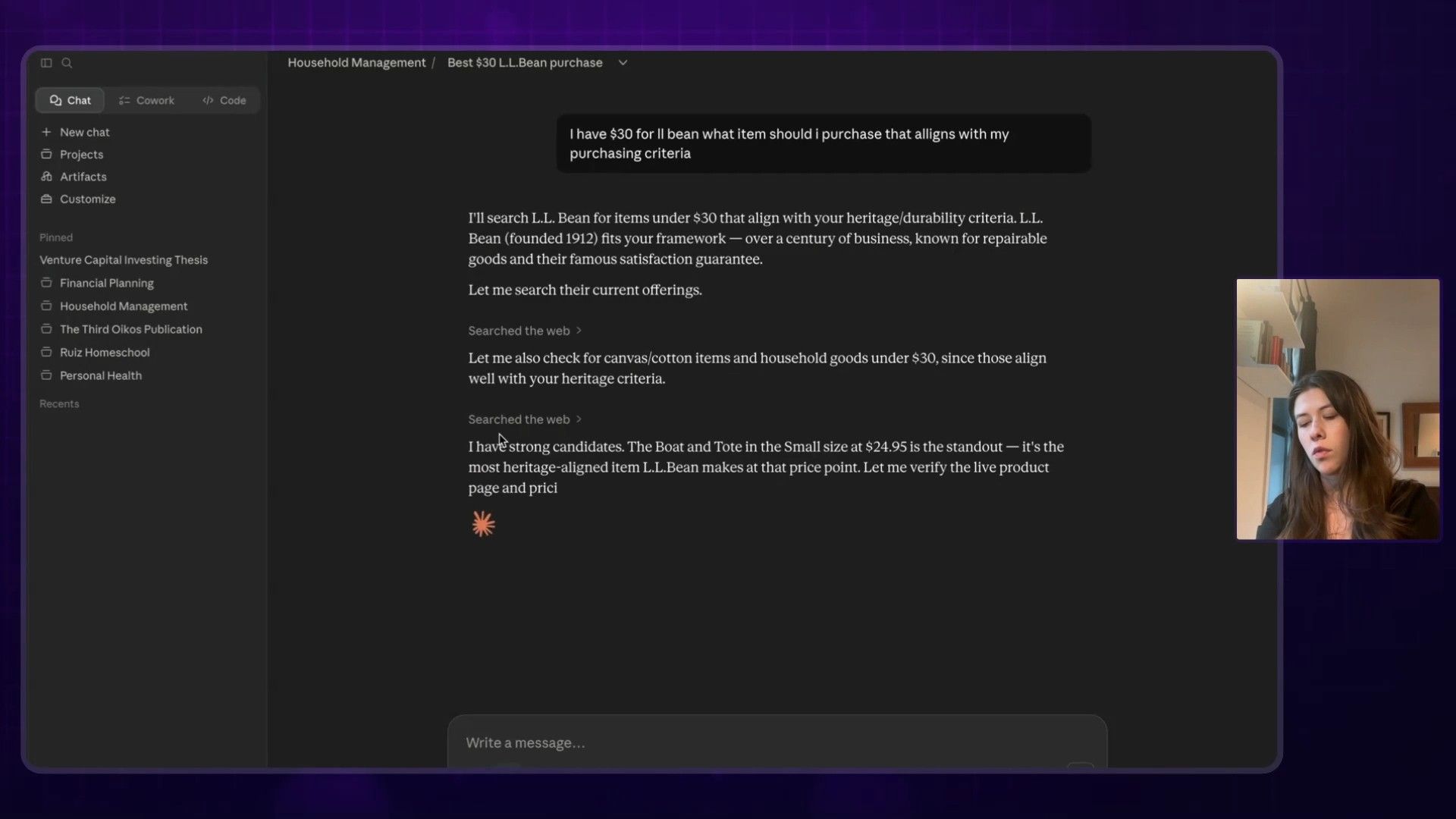 An AI assistant guides a user through finding a heritage-aligned L.L. Bean item under $30, demonstrating its search and recommendation capabilities within a chat interface.