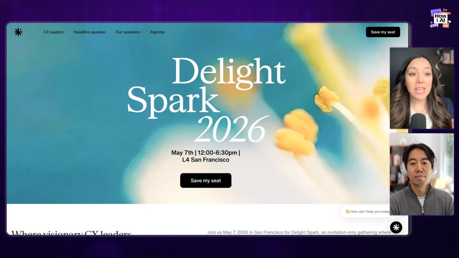 A view of the 'Delight Spark 2026' event landing page, illustrating a web interface with event details, navigation, and a 'Save my seat' button, while the podcast hosts are visible in an overlay.