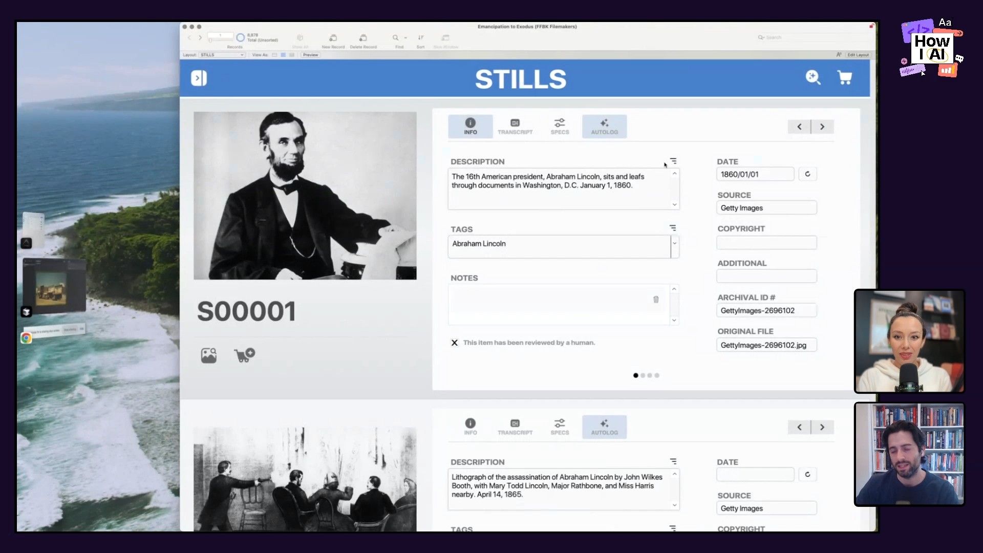 A detailed look at the 'Emancipation to Exodus' database interface, likely featuring AI-driven 'AUTOLOG' functionality, displaying historical image assets and their comprehensive metadata.