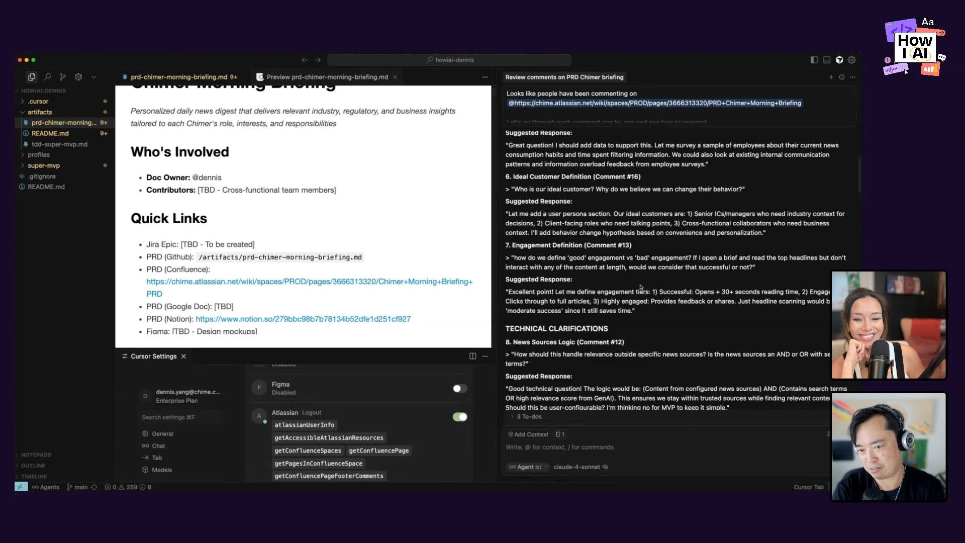 A multi-panel view of an IDE showing a markdown document, AI-generated responses to document comments, Atlassian API calls, and an AI chat interface powered by Claude 4 Sonnet, demonstrating an AI-assisted workflow for documentation review.
