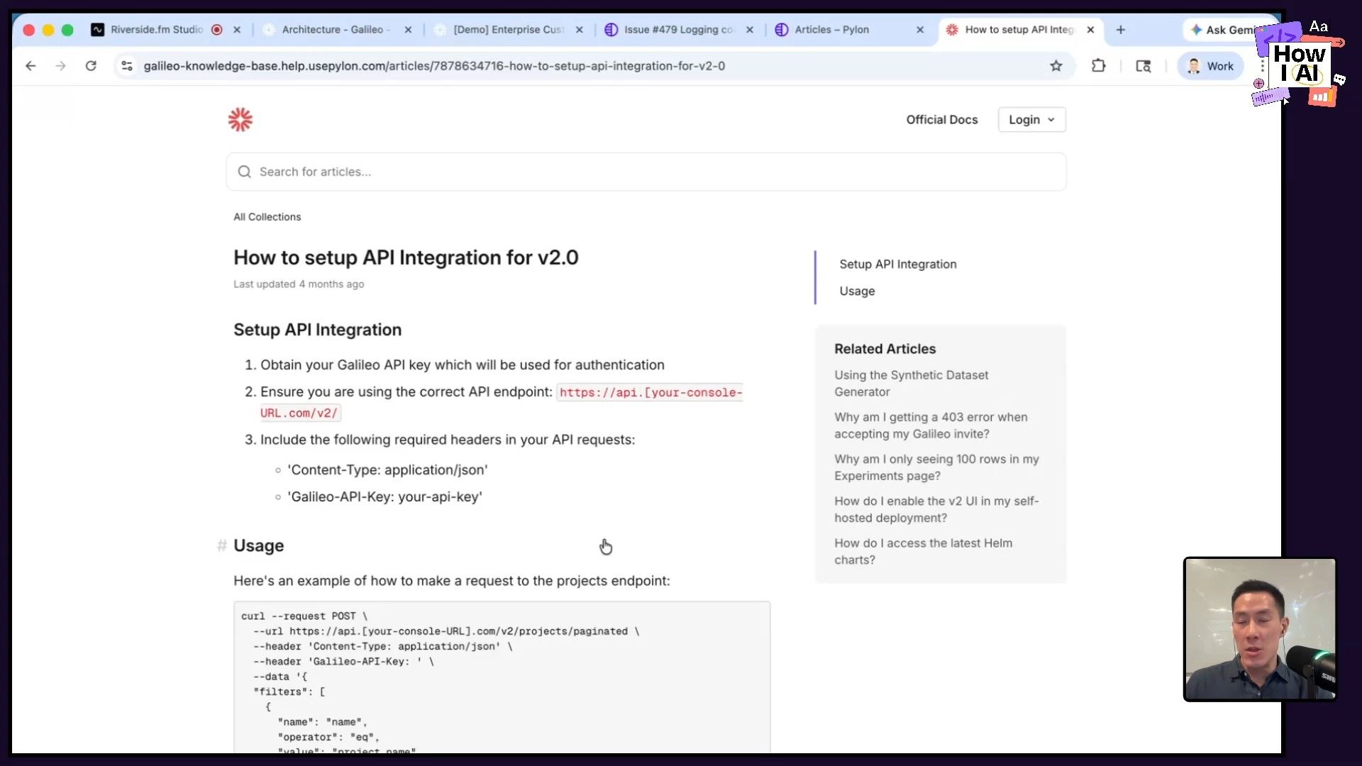 A detailed view of the Pylon knowledge base management system, showcasing a dark-themed interface with a list of technical articles related to Galileo metrics, LLM integration, and Kubernetes during a podcast segment.