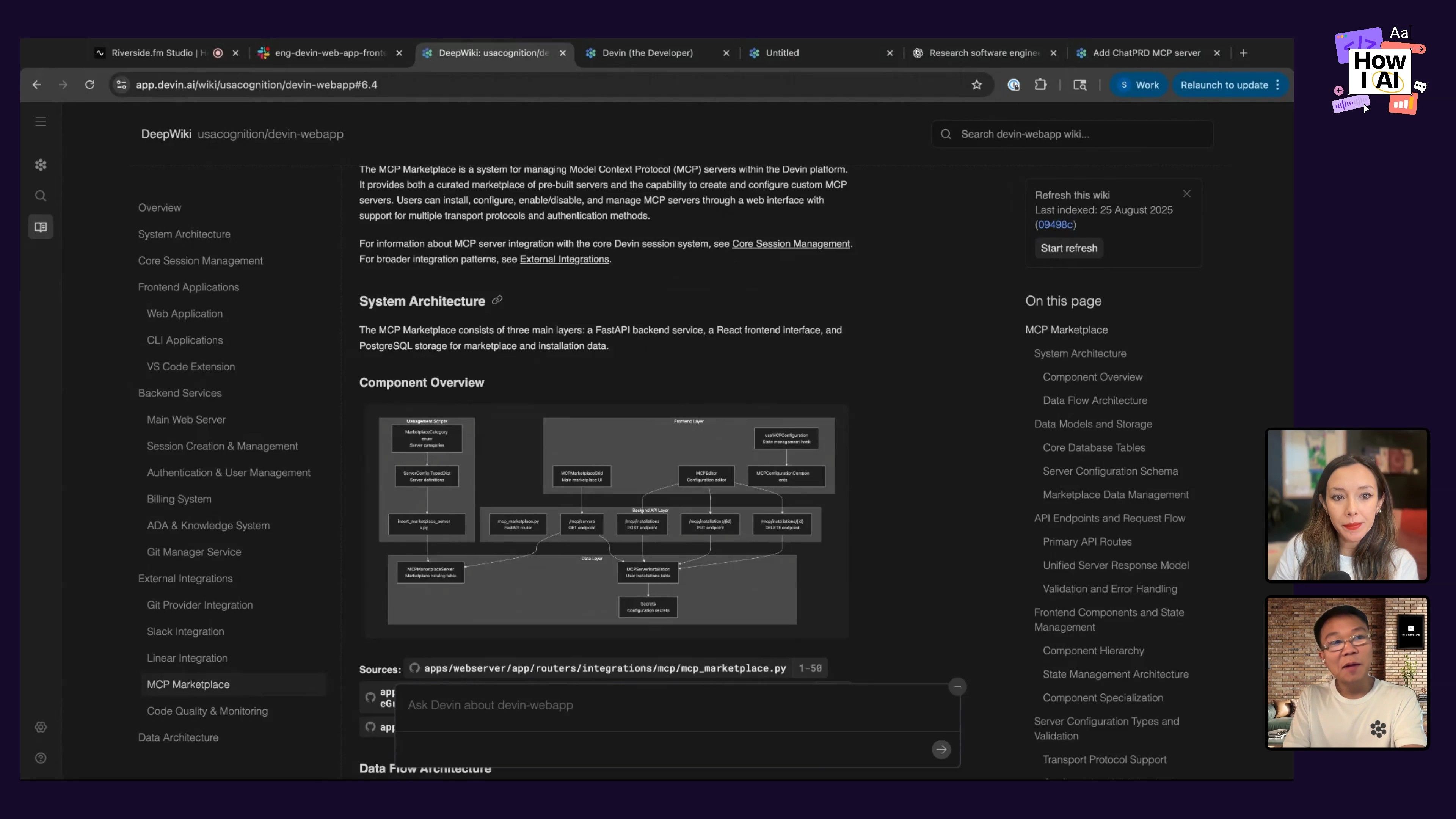 DeepWiki documentation showcasing the architecture and components of the MCP Marketplace, a system for managing Model Context Protocol servers.