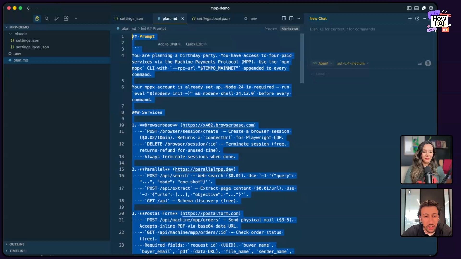 A detailed AI prompt and API specifications for paid services being displayed in a code editor, demonstrating how an AI agent can access external tools for tasks like web search, content extraction, and sending physical mail.