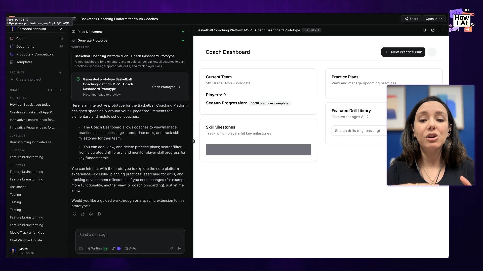 An AI design platform showcases a generated prototype for a 'Basketball Coach Dashboard,' detailing features like practice planning, a drill library, and skill tracking within an interactive chat interface.