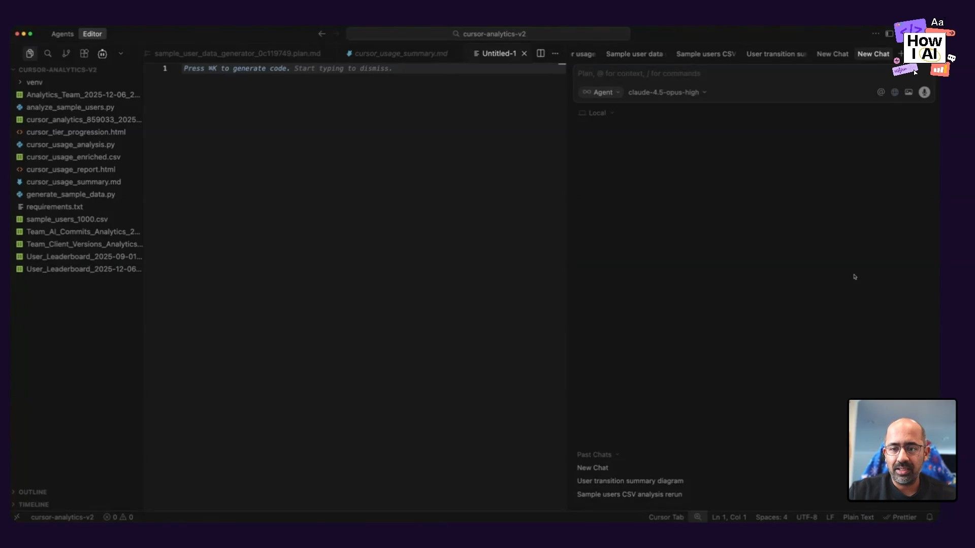 A developer utilizes an AI-powered code editor (likely Cursor IDE) to manage a project focused on analytics. The interface shows a file tree with Python, Markdown, and CSV files, an active AI code generation prompt ('Press ⌘K to generate code'), and a chat window displaying interactions with a 'claude-4.5-opus-high' agent, demonstrating an AI-assisted development workflow for data analysis.