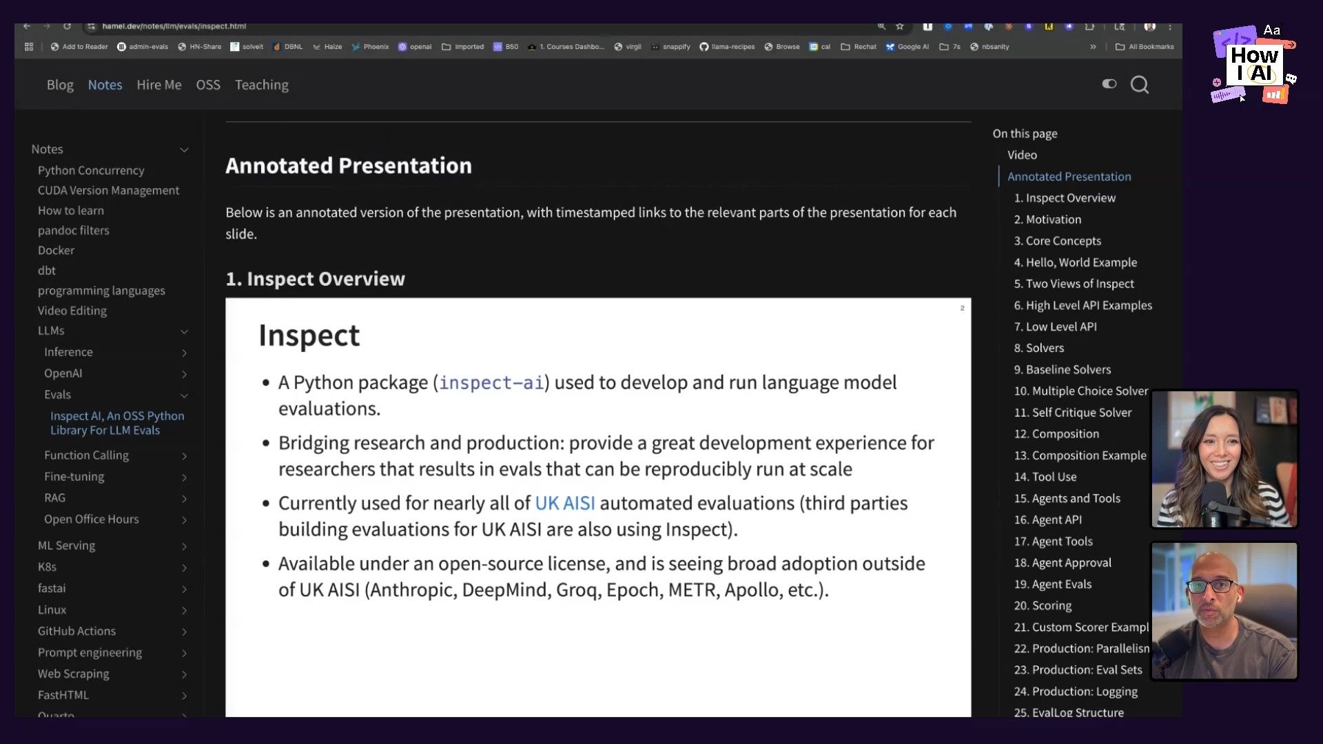 A web page demonstrating an annotated presentation for 'Inspect AI,' an open-source Python package designed for language model evaluations, featuring a comprehensive overview, navigation links, and a detailed table of contents.