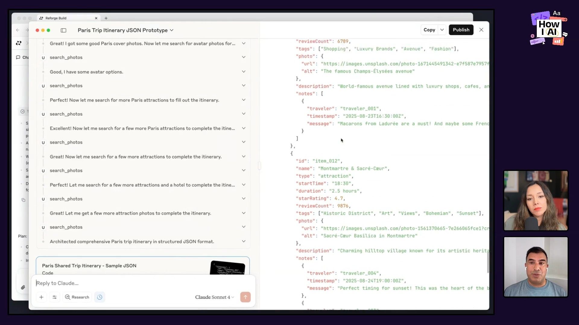 A 'Reforge Build' interface demonstrates an AI-powered itinerary generation, showing a conversational flow of user prompts and 'search_photos' tool calls leading to a detailed Paris trip itinerary presented in structured JSON format, generated by Claude Sonnet 4.