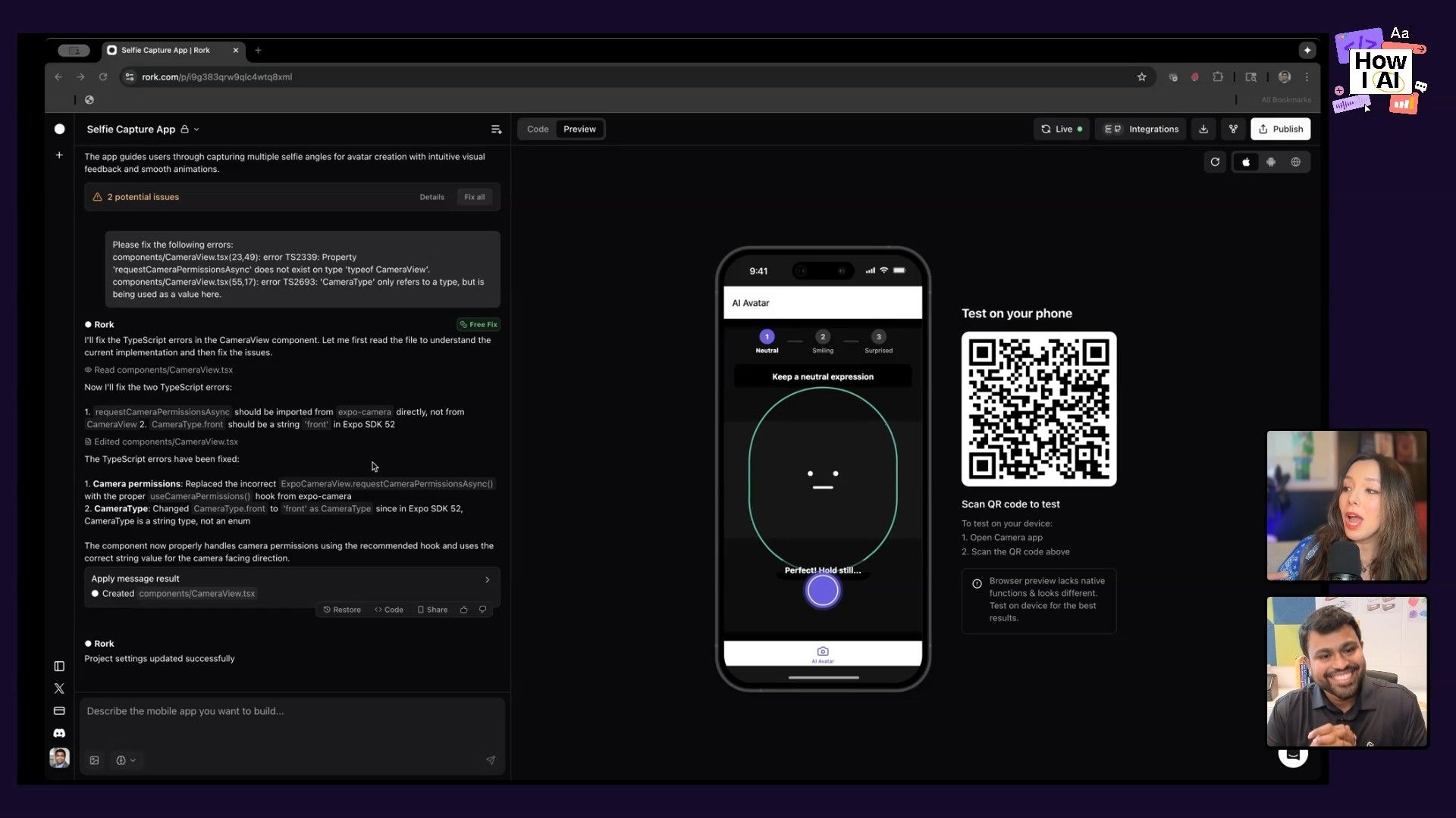 Debugging a mobile app prototype in the Rork development environment. TypeScript errors are resolved, and the resulting app is previewed via QR code for testing.