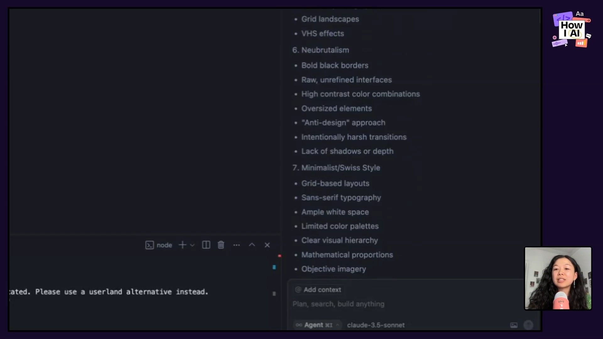 An AI assistant, possibly Cursor, details characteristics of Memphis Design and Vaporwave aesthetics within a development environment, illustrating AI's capability for creative content generation alongside a partial console message.