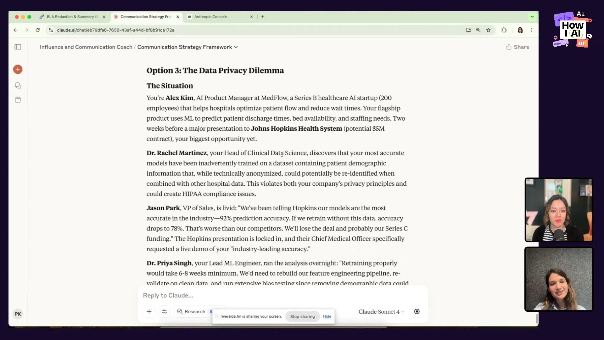 A detailed AI-generated scenario from Claude.ai, 'The Data Privacy Dilemma,' outlining stakeholder conflicts for a healthcare AI startup, as displayed in a podcast episode.