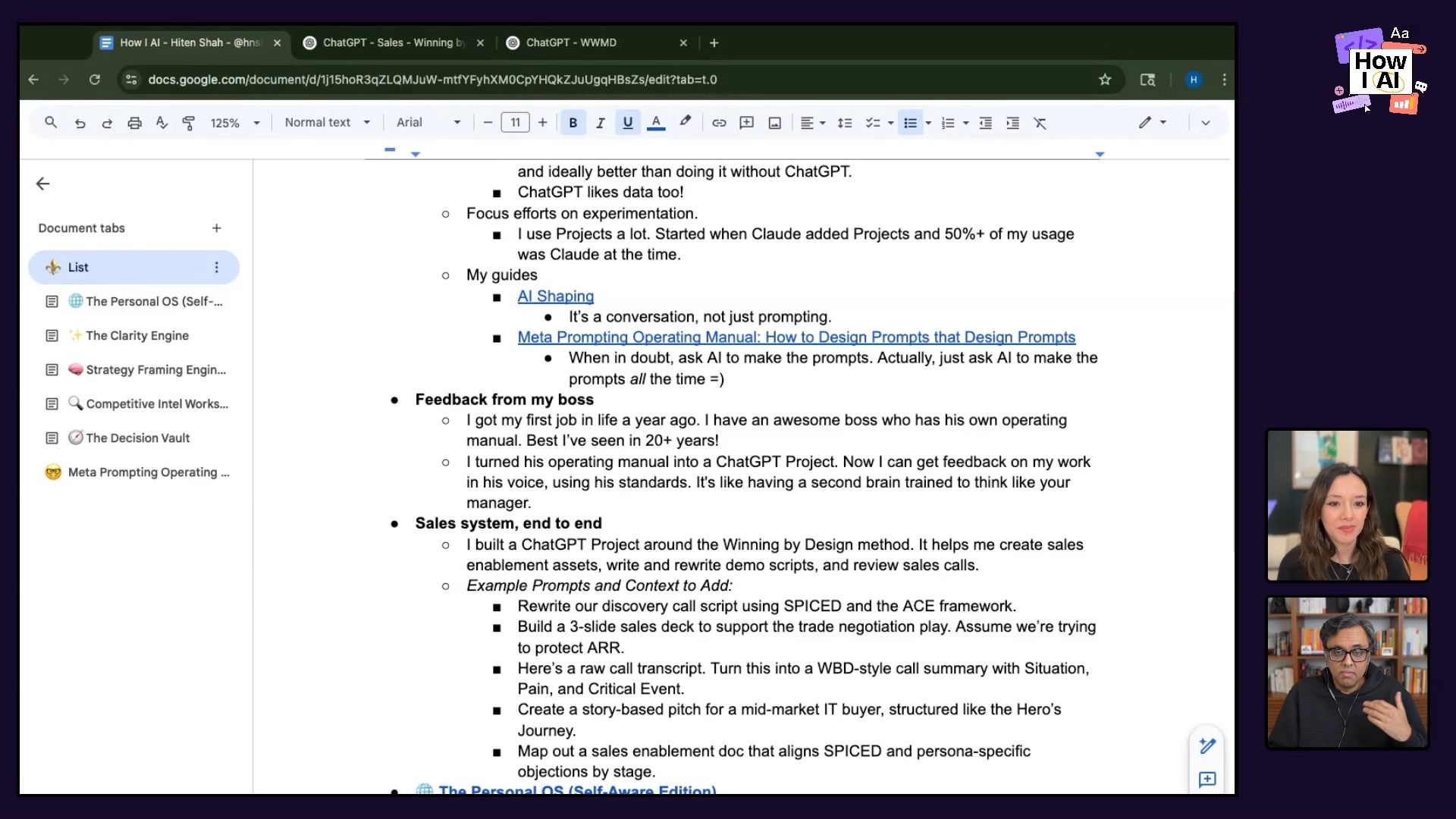 A detailed Google Docs document titled 'How I AI - Hiten Shah' is displayed, outlining strategies for leveraging AI, including specific example prompts for sales enablement, content creation, and project management. The document also references 'Winning by Design' methodology and personal operating manuals.