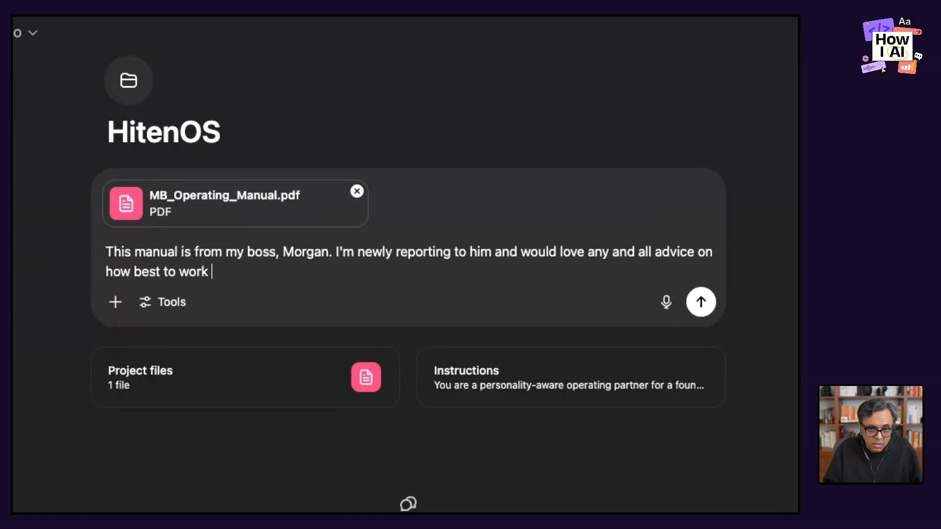 The 'HitenOS' AI interface showing the setup of a prompt, including an uploaded PDF operating manual and initial instructions defining the AI's role as a 'personality-aware operating partner'.