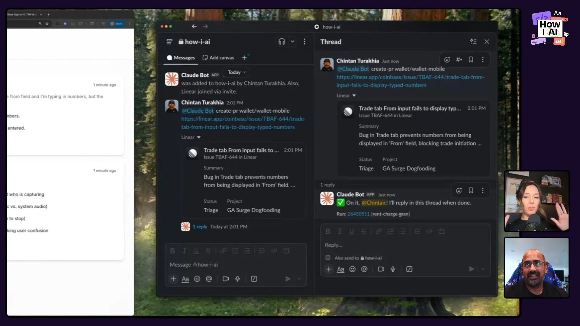 An AI bot, 'Claude Bot', in action within Slack, processing a `create-pr` command for 'wallet/wallet-mobile' and linking to a Linear issue ('TBAF-644') describing a bug where typed numbers fail to display in a trade tab. This showcases an AI-assisted technical workflow for development and bug tracking.