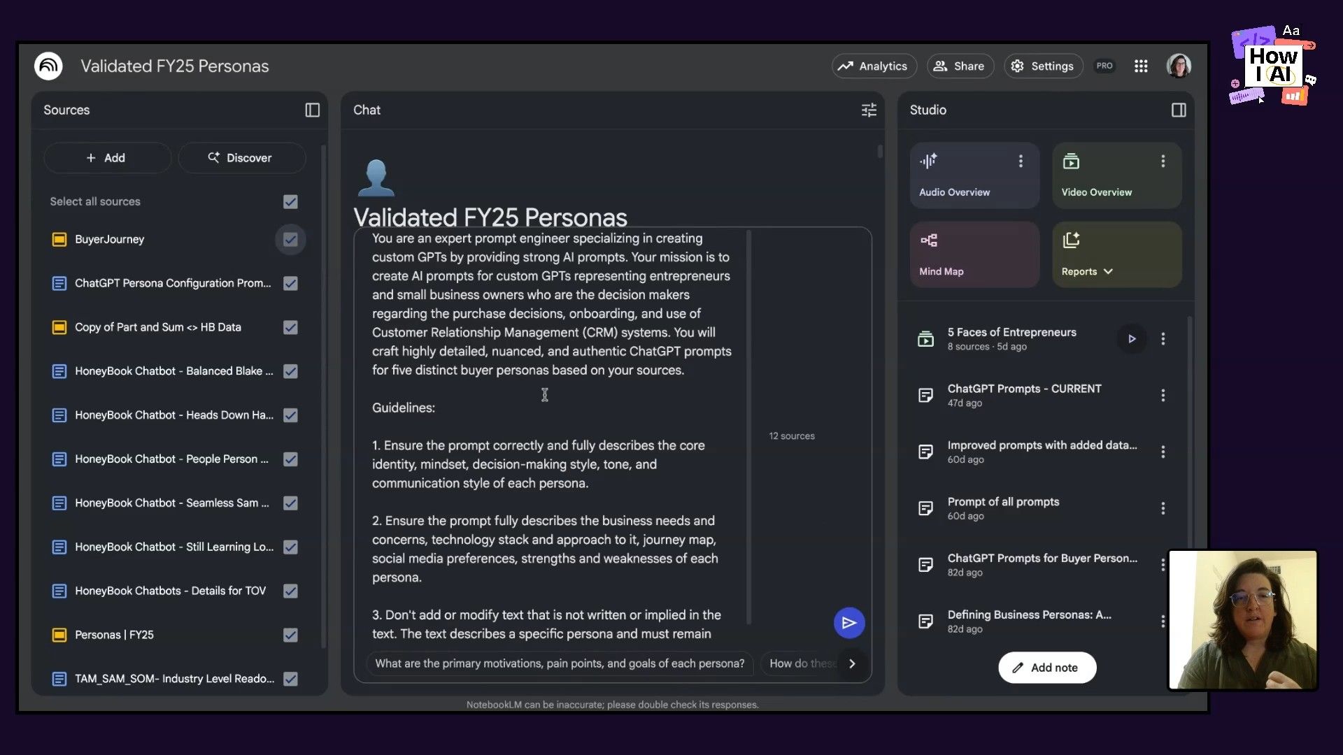 A detailed AI prompt for generating five distinct buyer personas displayed within the NotebookLM interface, showing the instructions and guidelines, alongside relevant source documents.
