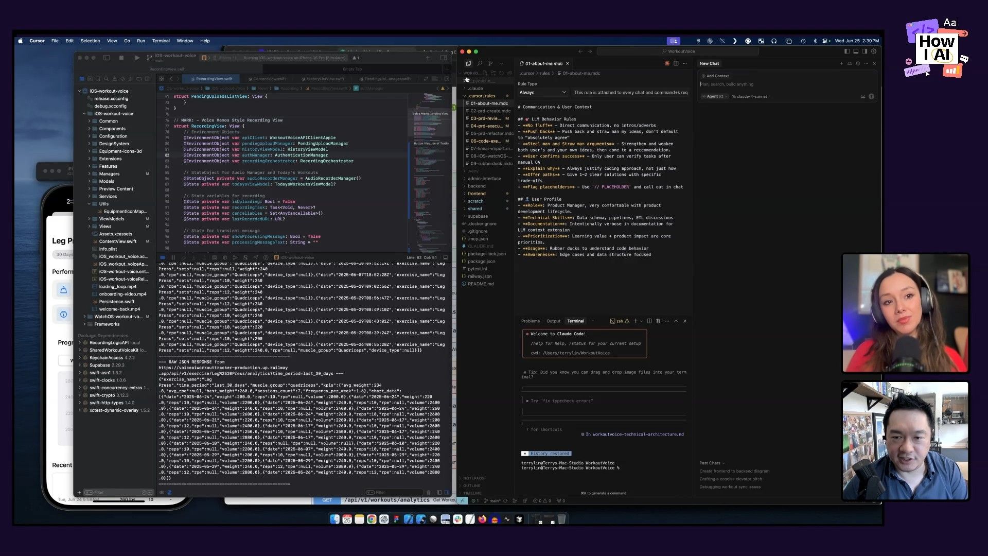 A developer's multi-screen workflow showcases Swift code for a fitness app alongside AI-powered coding assistance (Cursor with Claude 3 Sonnet) and an iOS simulator, illustrating a modern, AI-integrated development environment.