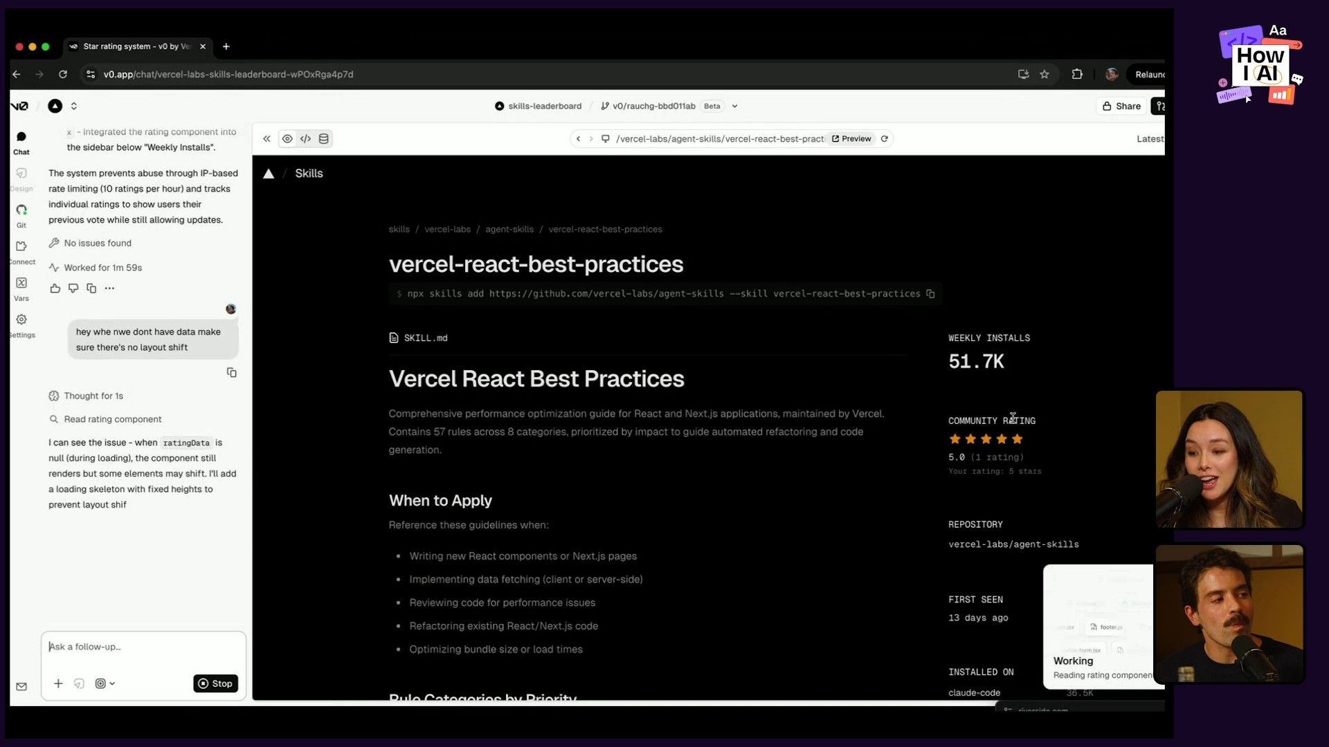 A developer's screen showing an AI chat interaction concerning a layout shift, alongside detailed documentation for 'Vercel React Best Practices' and a terminal command for skill installation. This highlights AI-assisted development workflows for performance optimization.
