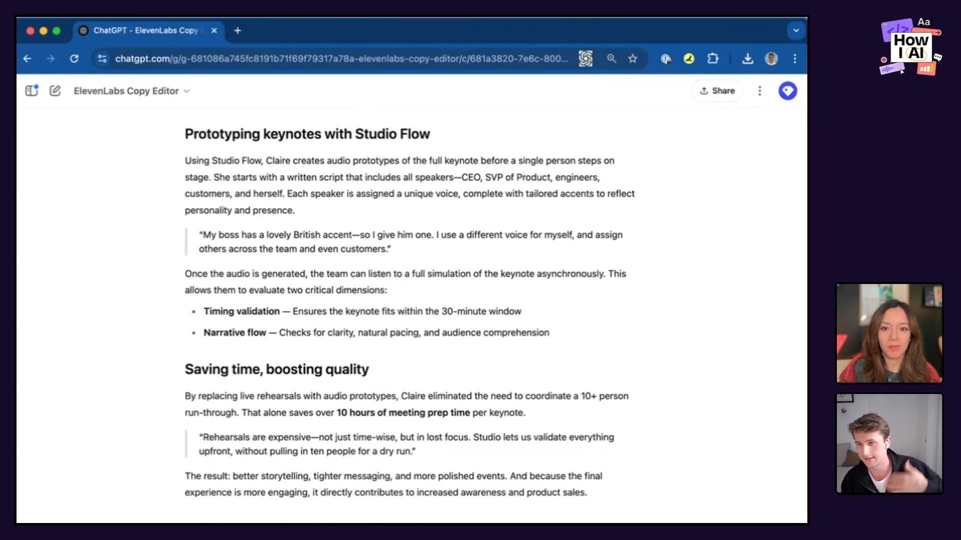 A detailed output from a ChatGPT session, potentially using an ElevenLabs editor, outlining the benefits of Studio Flow for prototyping keynotes, including time savings and quality improvements.