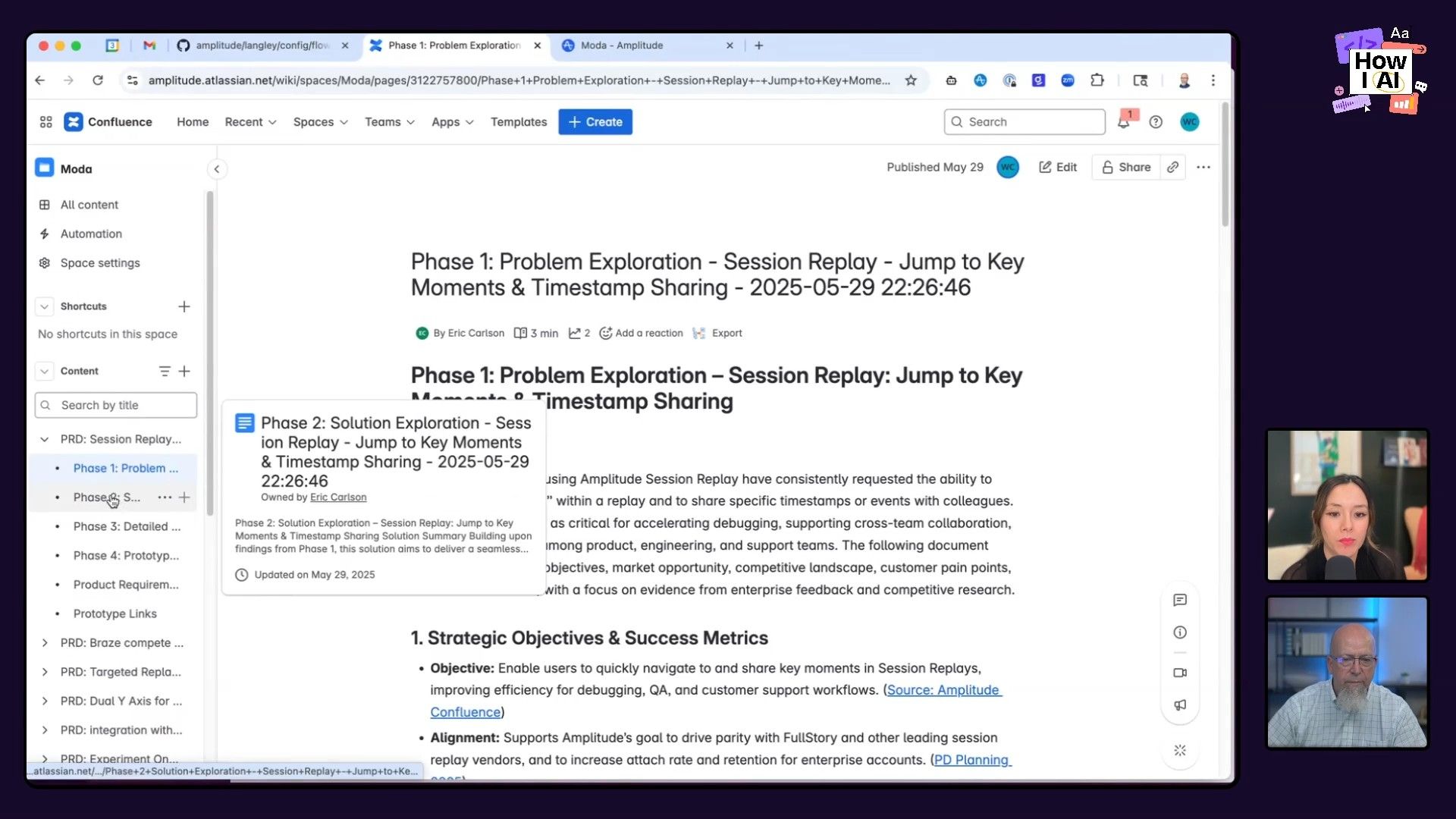 Example of a Confluence page detailing phases of a project focused on session replay functionality, showcasing key moments and timestamp sharing. This improved workflow enhances debugging, QA, and customer support.