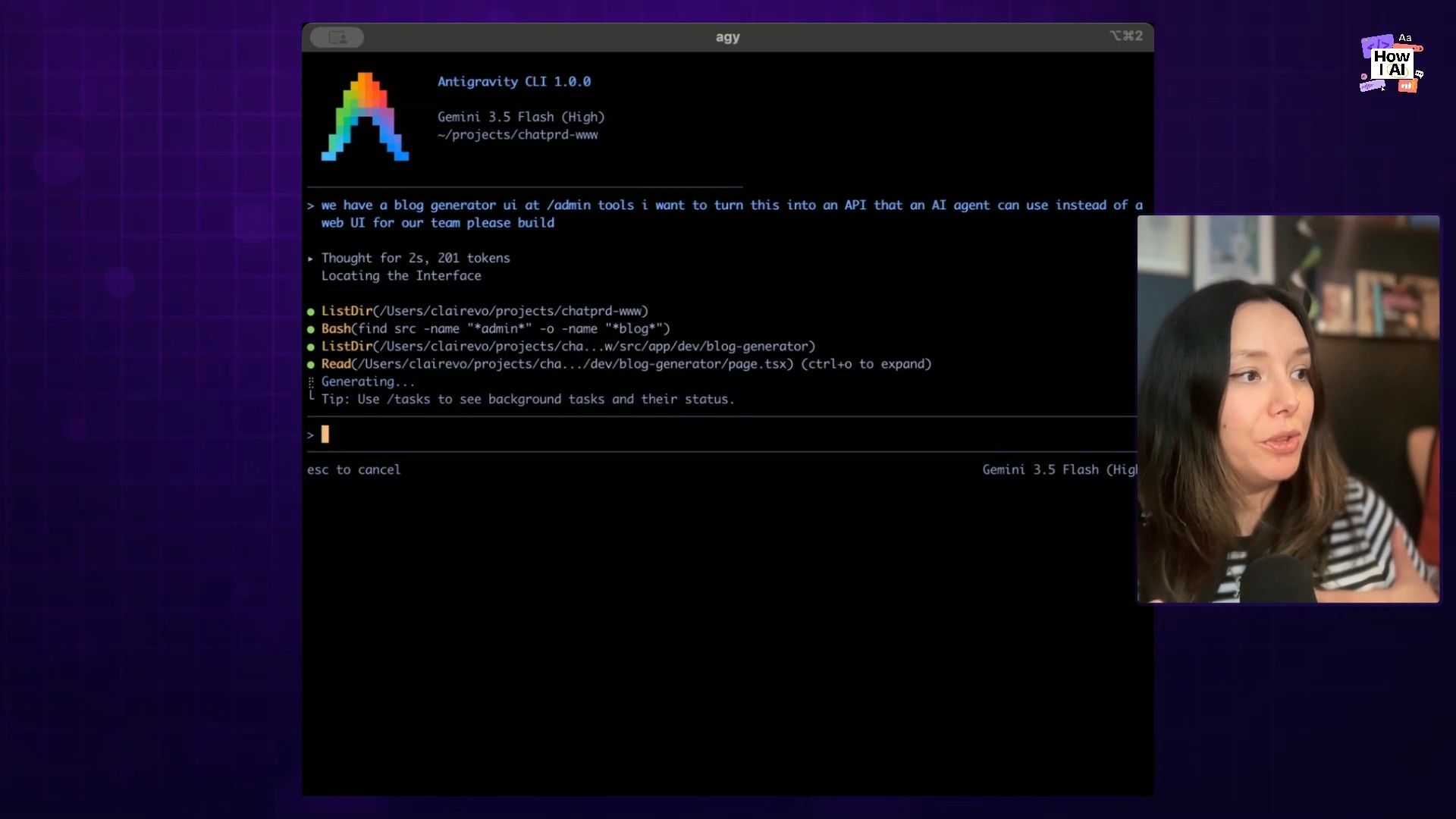 The Anti-Gravity CLI running the task, showing files being created or modified
