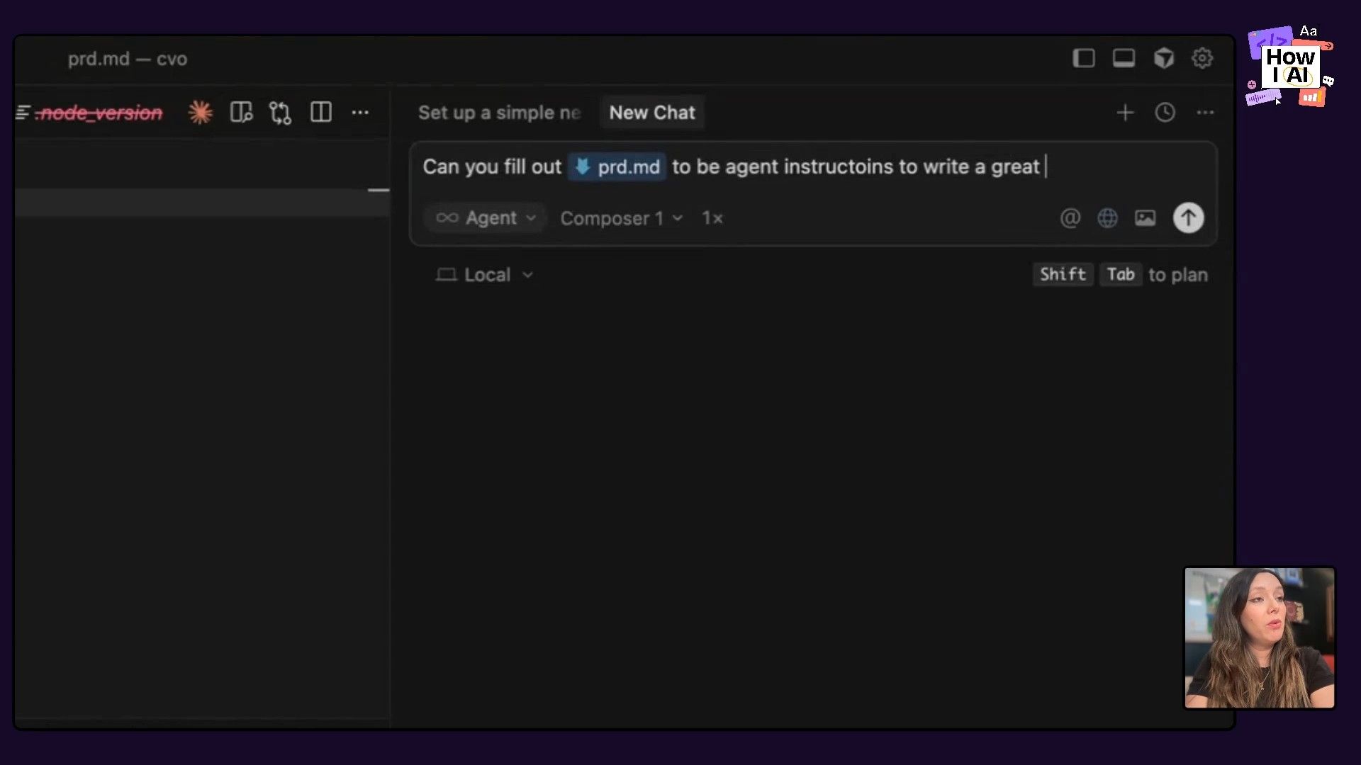 Entering an AI prompt in the Cursor editor, instructing an agent to write a Product Requirements Document (`prd.md`) and place it in the 'docs' folder.