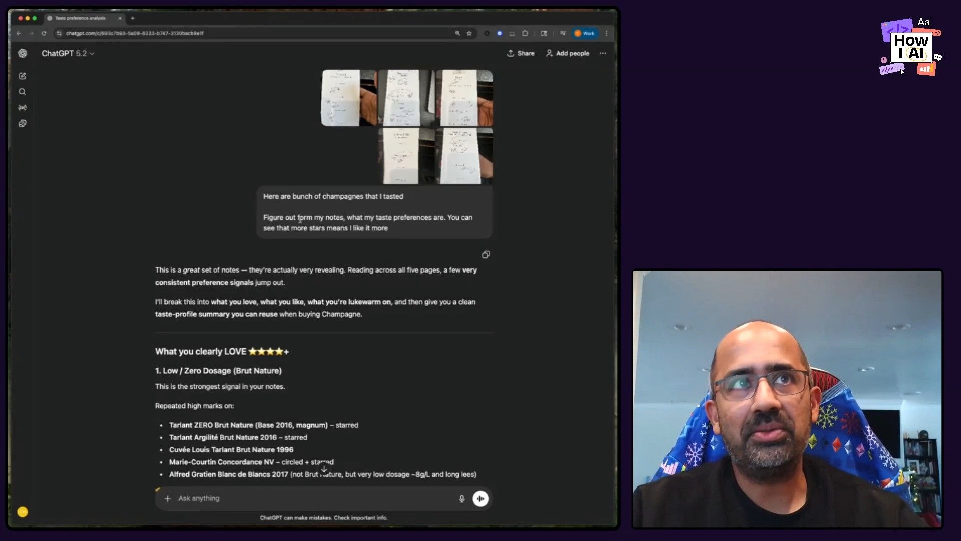 The ChatGPT interface actively analyzing uploaded handwritten notes to generate personalized taste preferences and recommendations, illustrating AI's capability in data interpretation from unstructured visual input.