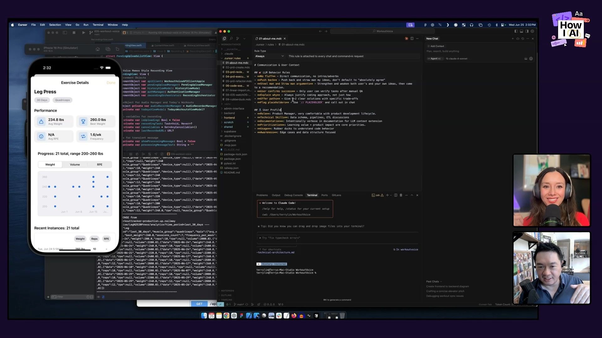 A multi-screen demonstration showing raw workout transcriptions being processed into structured data in a Google Sheet, and then visualized within a fitness tracking application on an iOS simulator, highlighting an AI-driven data workflow.
