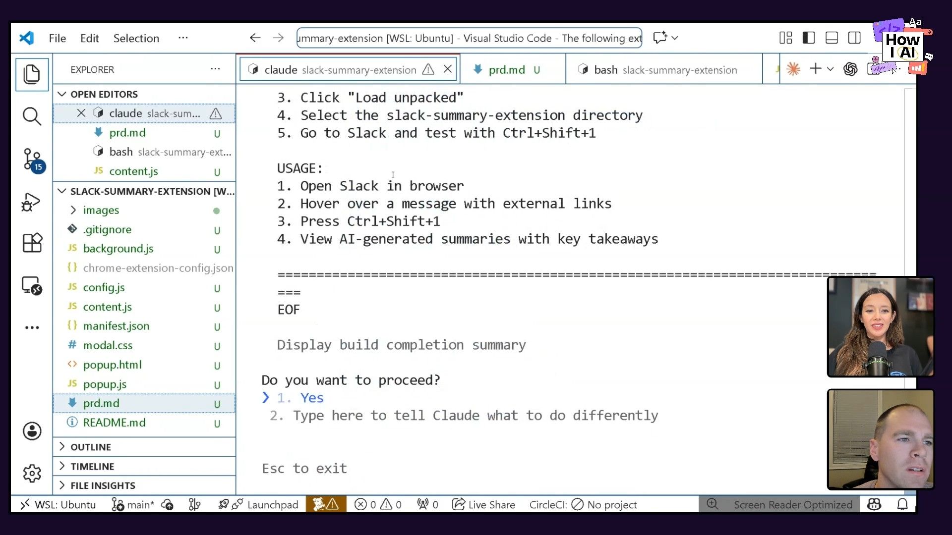 A developer's VS Code environment, showcasing a Slack summary extension project, terminal commands, and an interaction with an AI assistant named Claude. The file explorer displays various JavaScript, JSON, and Markdown files, while the terminal verifies a hard link and provides tips for resuming an AI conversation.