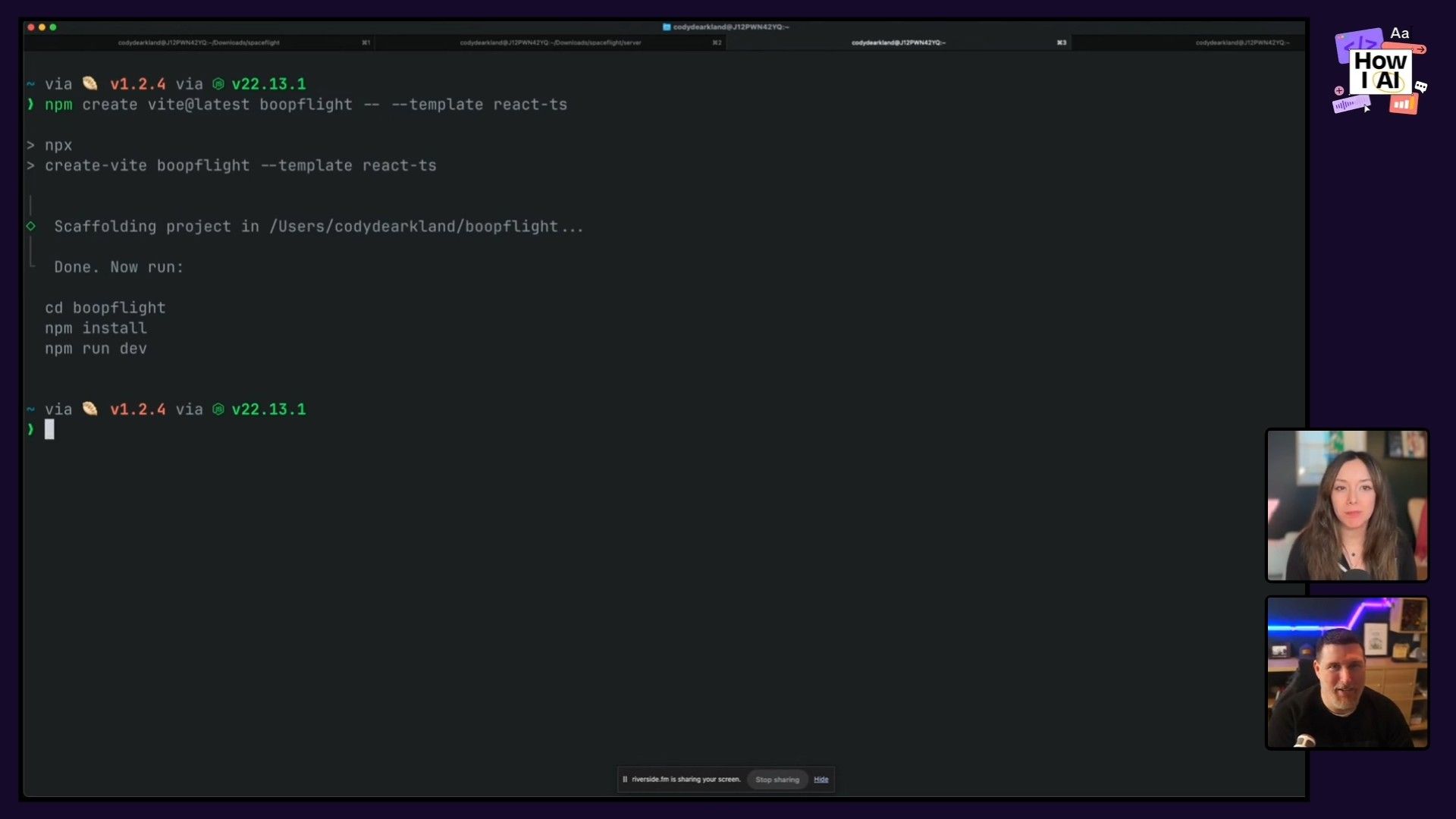 A developer executes the `npm run dev` command in a terminal, likely initiating a development server or script for a Node.js project. The terminal also displays the current Node.js (v22.13.1) and npm (v1.2.4) versions.