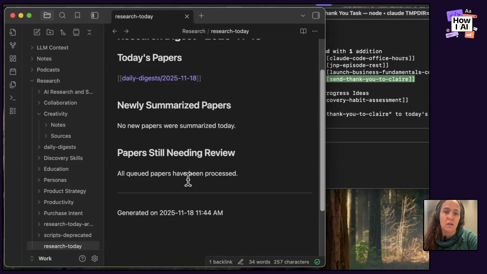 A detailed daily research summary page in a note-taking app, showing how AI-assisted research papers are managed and tracked, alongside potential command-line operations.