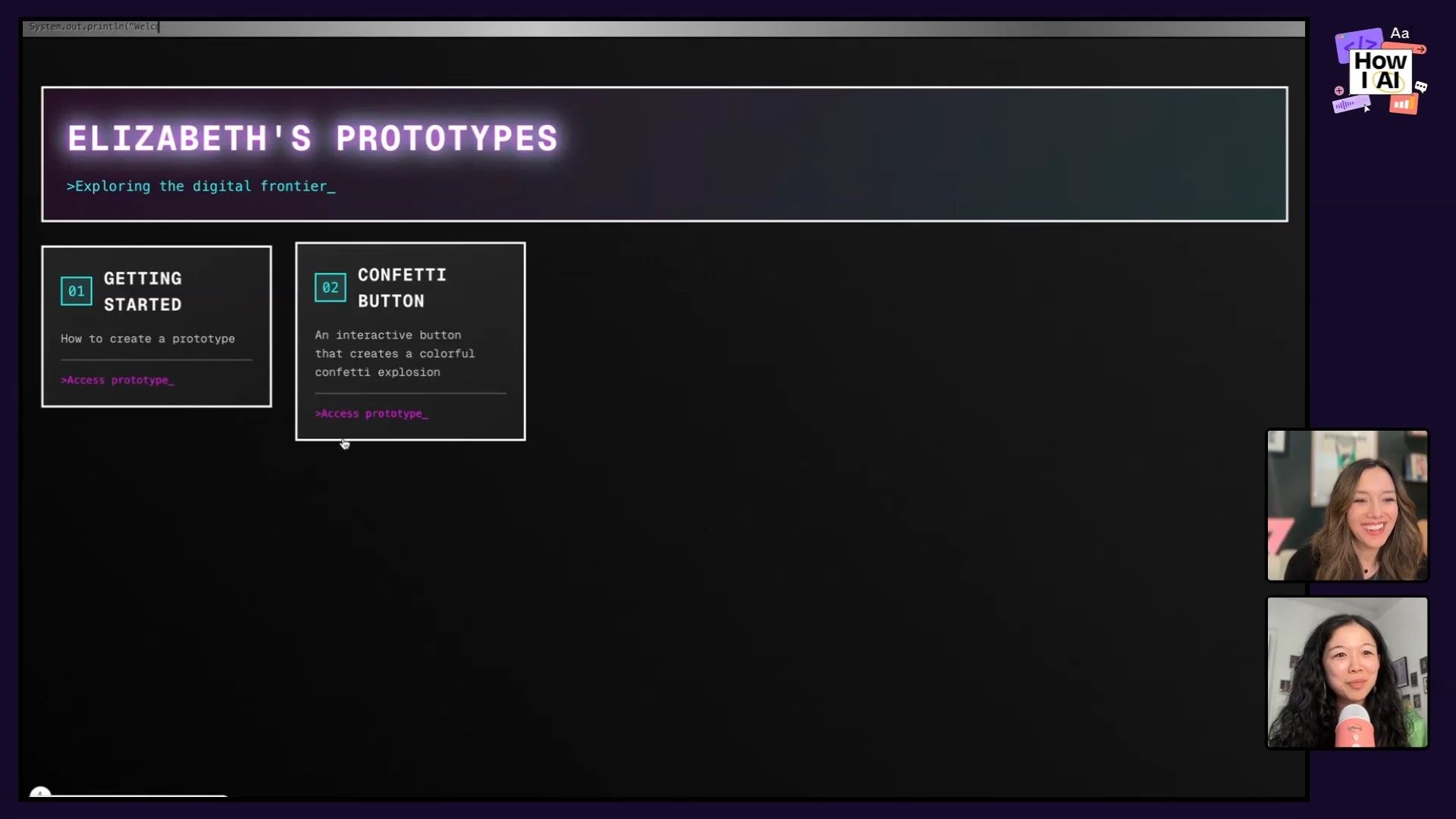 A technical demonstration showcasing a Java 'System.out.println' code snippet alongside a striking, retro-futuristic digital display for 'ELIZABETH'S PROTOT', complete with glowing text and a terminal-like prompt, 'Exploring the digital frontier.'